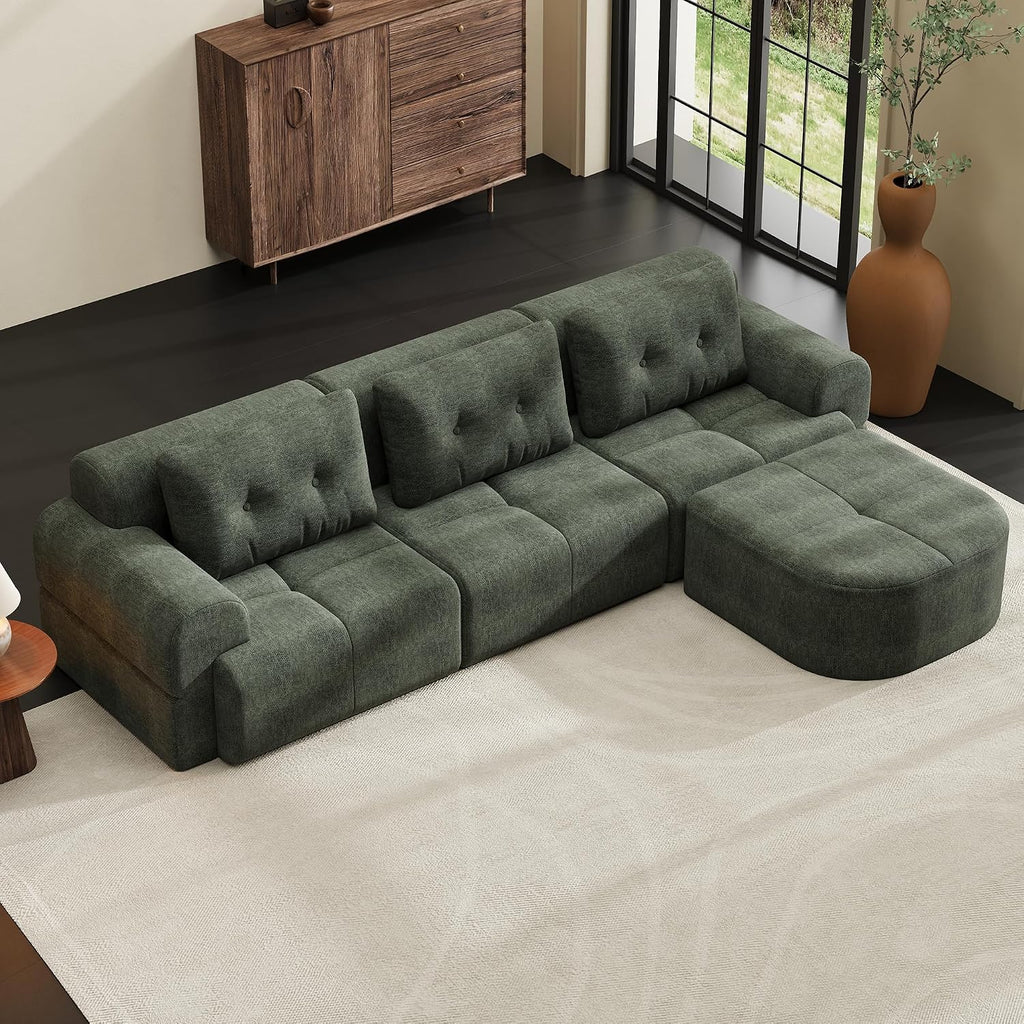 112' Compressed Boneless Sectional Sofa with Movable Ottoman Convertible L Shaped Modular Corner Couch for Living Room - Oversized Cloud Couches W/Tufted Cushions and Deep Seat