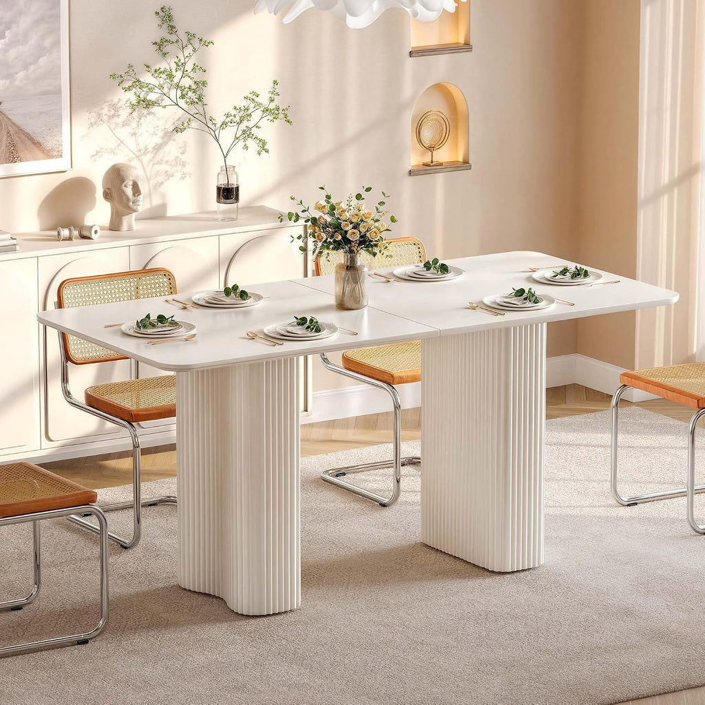 DWVO 63'' Dining Table for 4-6 People Modern Rectangular Kitchen Table with Solid Wave Curved Legs Large Cream White for Dining Room Kitchen Home Office Apartment Office White
