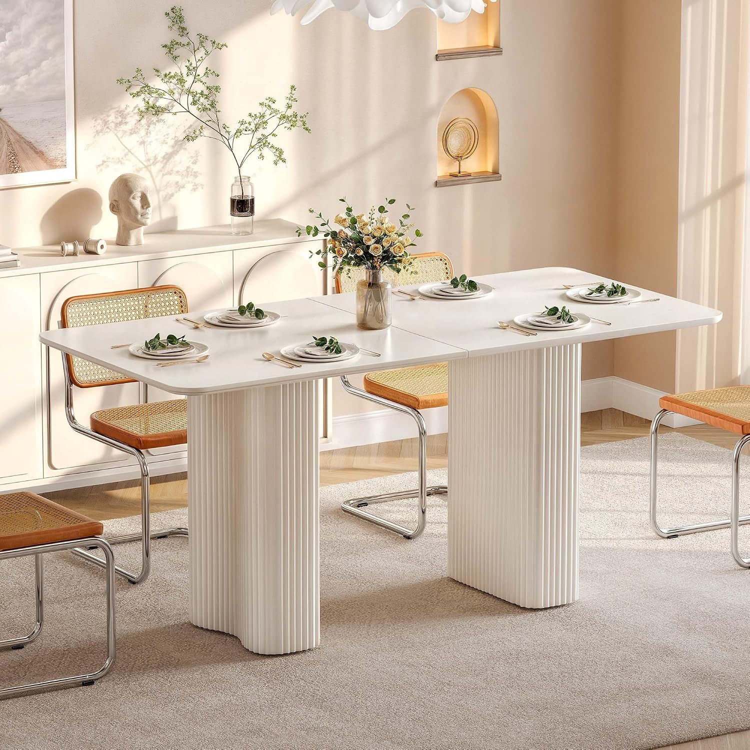 DWVO 63'' Dining Table for 4-6 People Modern Rectangular Kitchen Table with Solid Wave Curved Legs Large Cream White for Dining Room Kitchen Home Office Apartment Office White