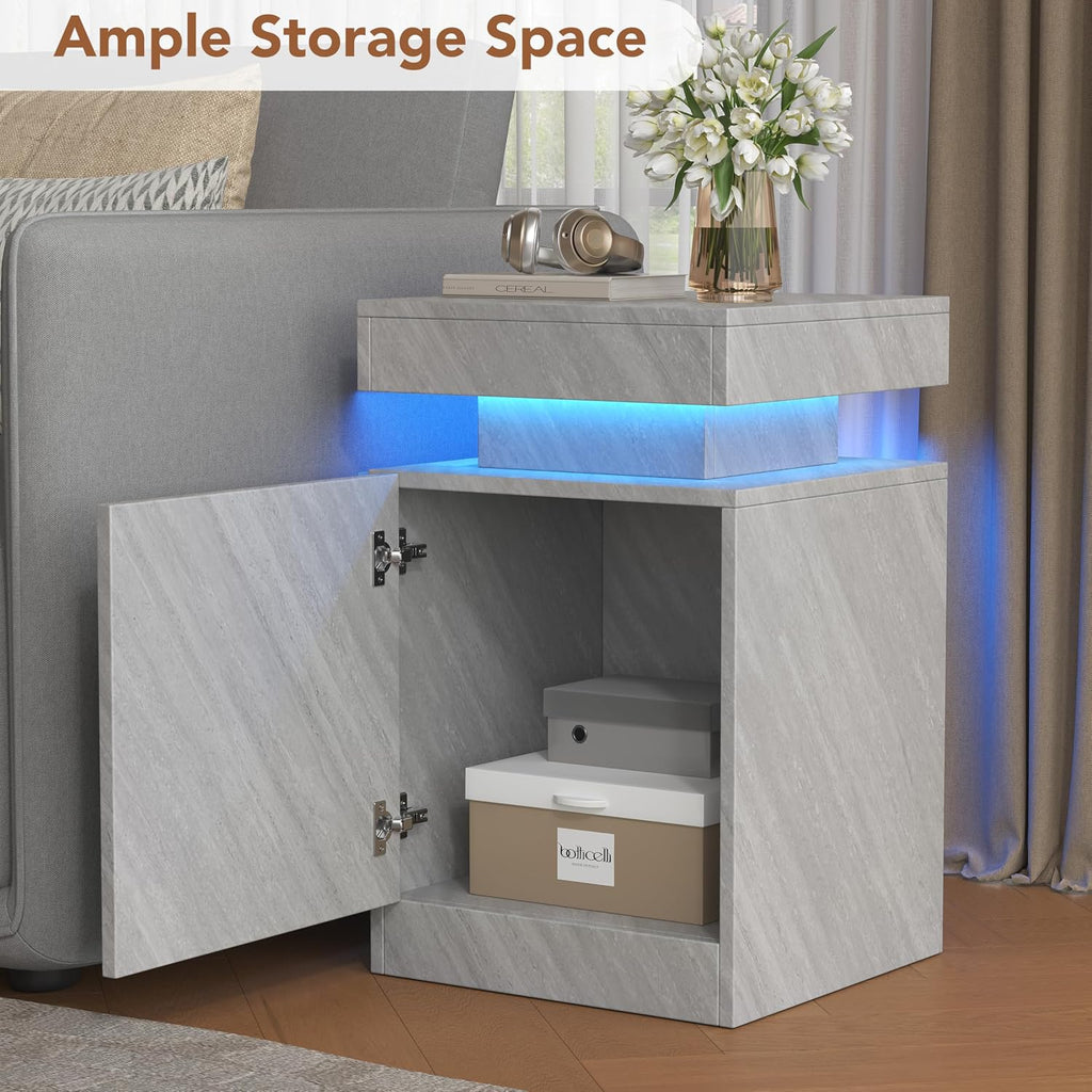 Nightstands Set 2, 15 Inches LED Night Stand Set of 2, Modern Bedside Table with LED Lights, High Gloss Surface, End Table with Storage for Bedroom, Grey