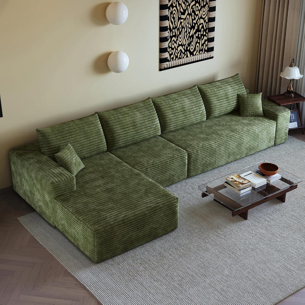135' Oversized Compressed Sectional Sofa - 33D High-Density Foam Cloud Couch with Deep Seat - Minimalist 3-Piece Corduroy Upholstered Boneless Modular Lounge Couch