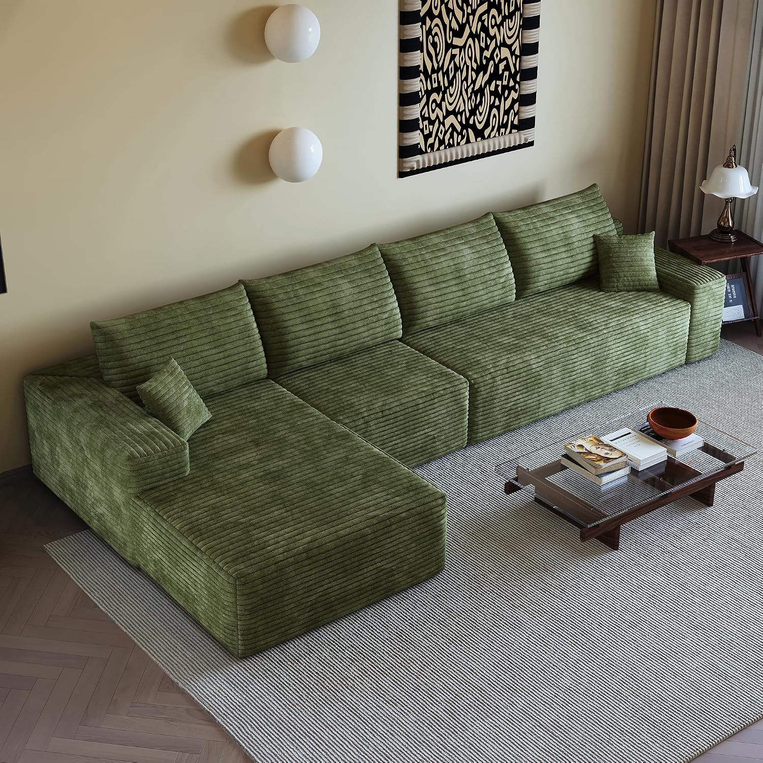 135' Oversized Compressed Sectional Sofa - 33D High-Density Foam Cloud Couch with Deep Seat - Minimalist 3-Piece Corduroy Upholstered Boneless Modular Lounge Couch