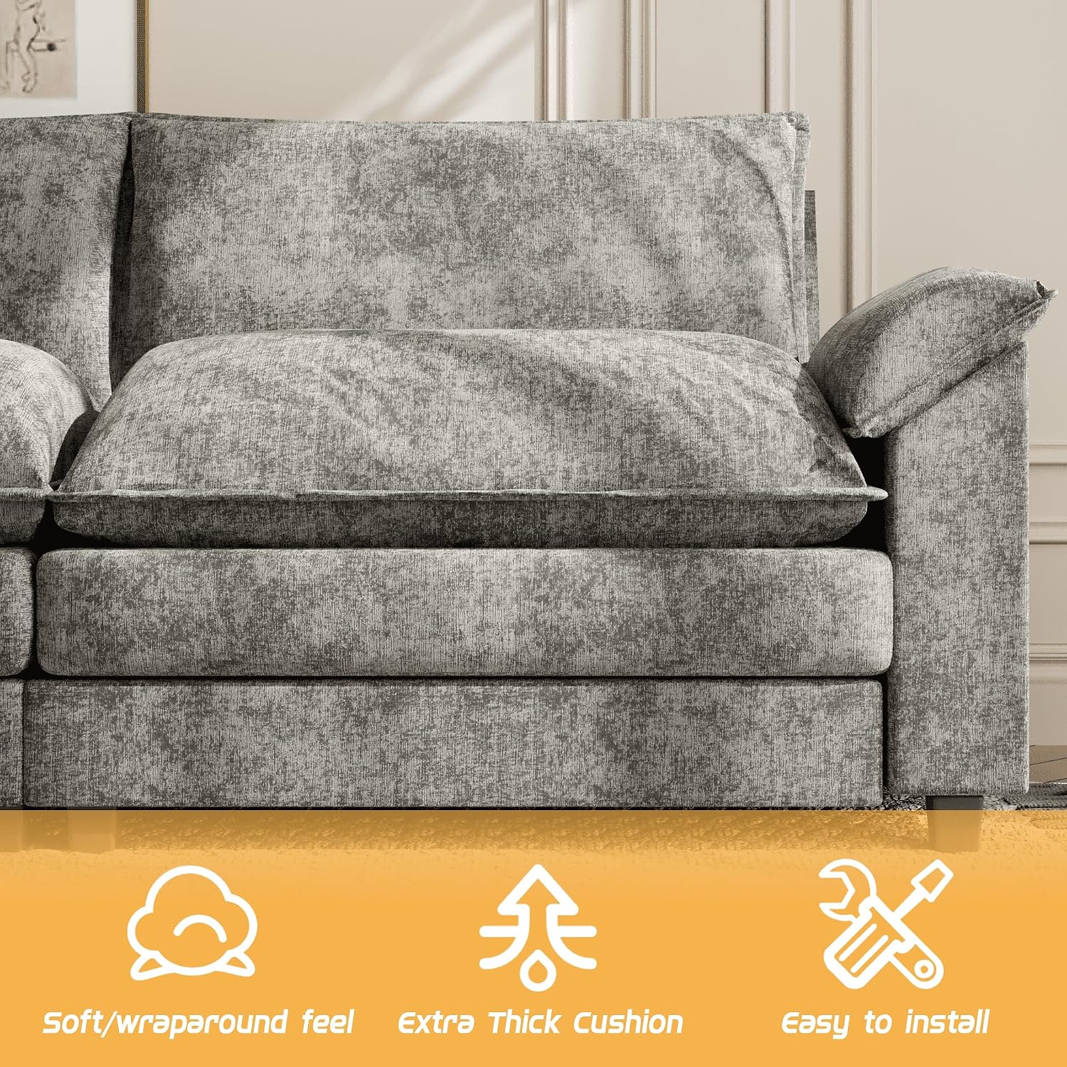 Shahoo Sectional Modular Sofa L Shaped Chenille Fabric Couch with High Supportive & Soft Sponges and Removable Ottoman, Sleeper Comfy Upholstered Furniture for Living Room, Grey