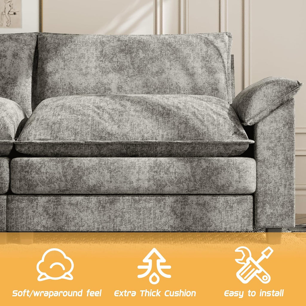 Shahoo Couches for Living Room, Sectional Modular Sofa U Shaped Chenille Fabric Couch with High Supportive & Soft Sponges and Removable Ottoman, Sleeper Comfy Upholstered Couch, Grey