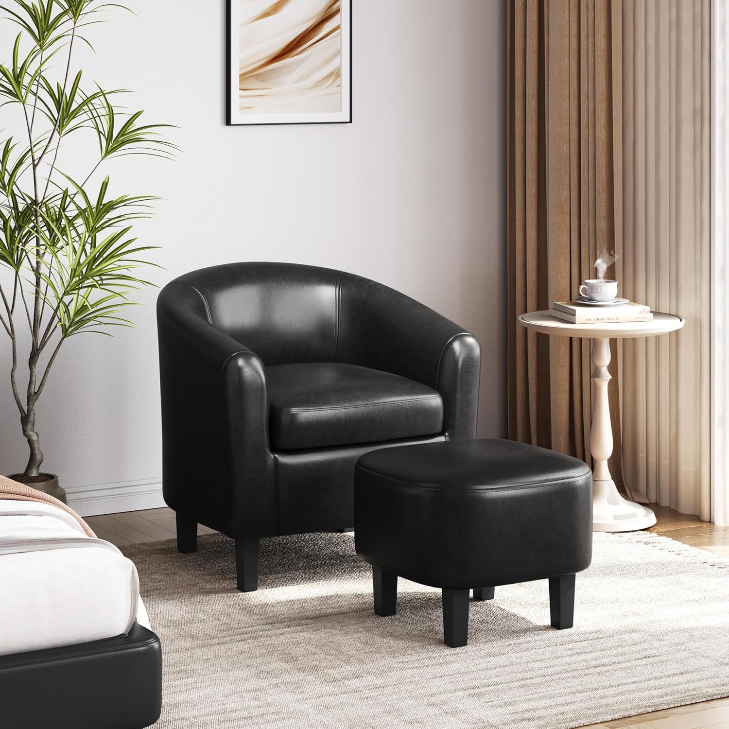 Yaheetech Barrel Chair with Ottoman Set, Faux Leather Accent Chair with Soft Padded and Sturdy Legs for Living Room/Bedroom/Study/Waiting Room, Black