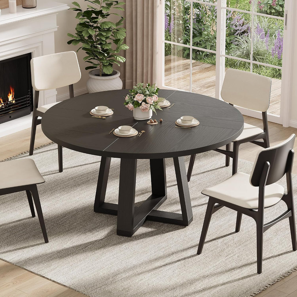 IDEALHOUSE 47 Inch Round Dining Table for 4-6 People, Circle Kitchen Table with Cross Base, Farmhouse Wood Dinner Table for Apartment, Black