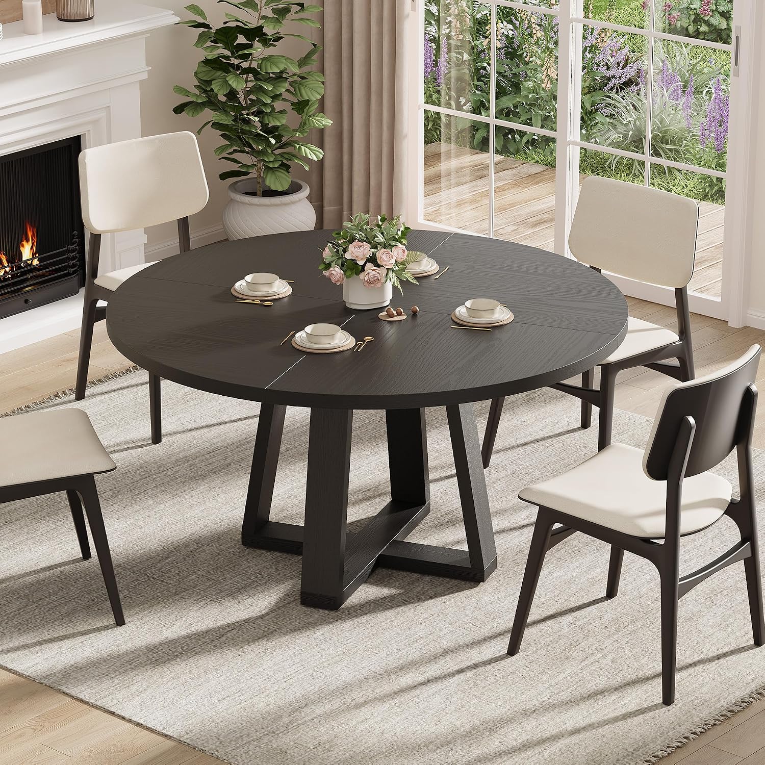 IDEALHOUSE 47 Inch Round Dining Table for 4-6 People, Circle Kitchen Table with Cross Base, Farmhouse Wood Dinner Table for Apartment, Black