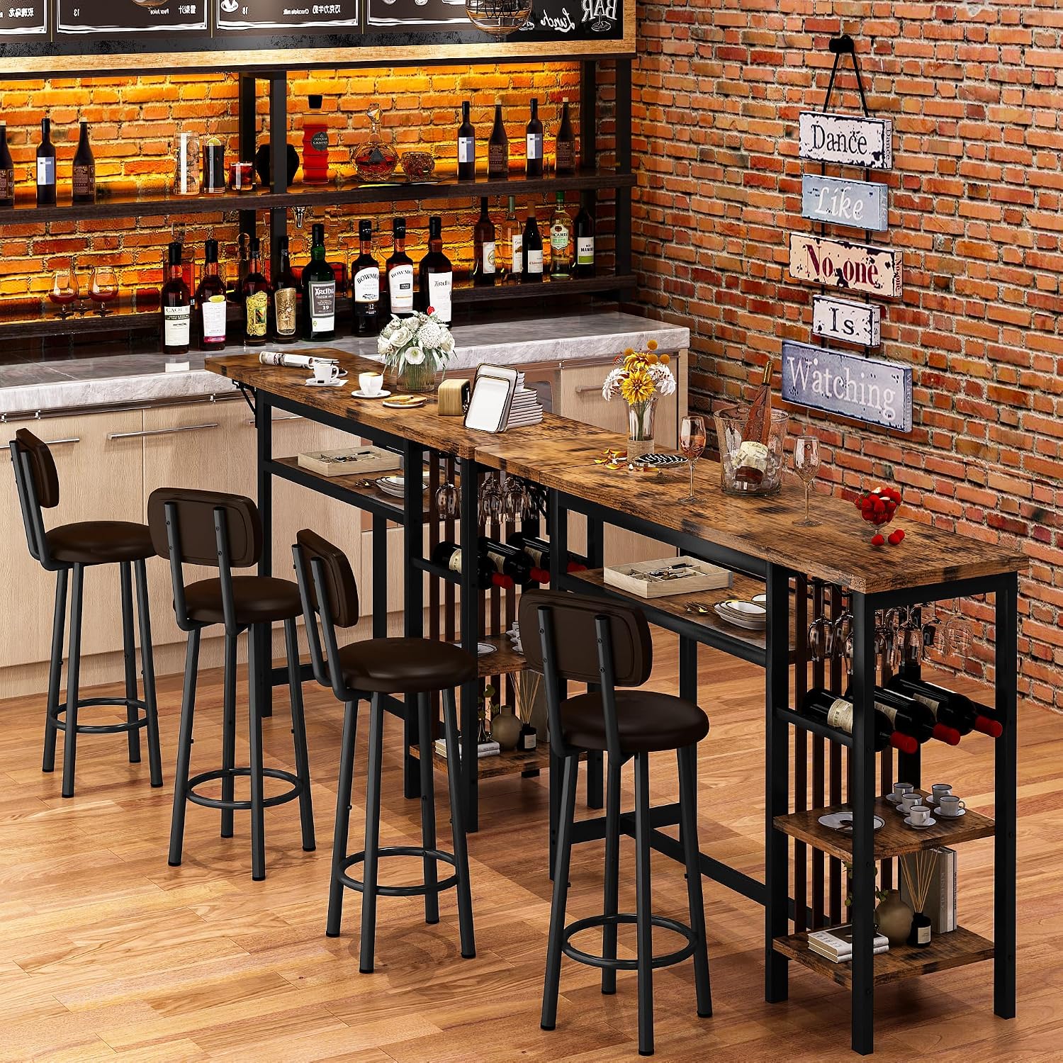 Recaceik Bar Dining Table Set, 59' Expandable Kitchen Counter Height Dining Table Set with Storage Shelves, Cup Holder & Wine Rack, PU Upholstered Stools Bar Table Set with Backrest for Kitchen
