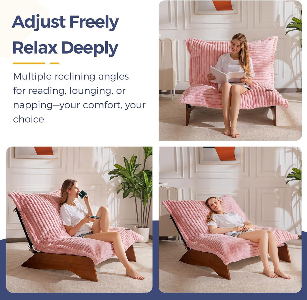 MAXYOYO Adjustable Living Room Chair, 3-Position Bean Bag Chair with Removable Cover, Upholstered Accent Chair with Frame, Soft Reclining Lounge for Bedroom, Apartment, Office, Pink