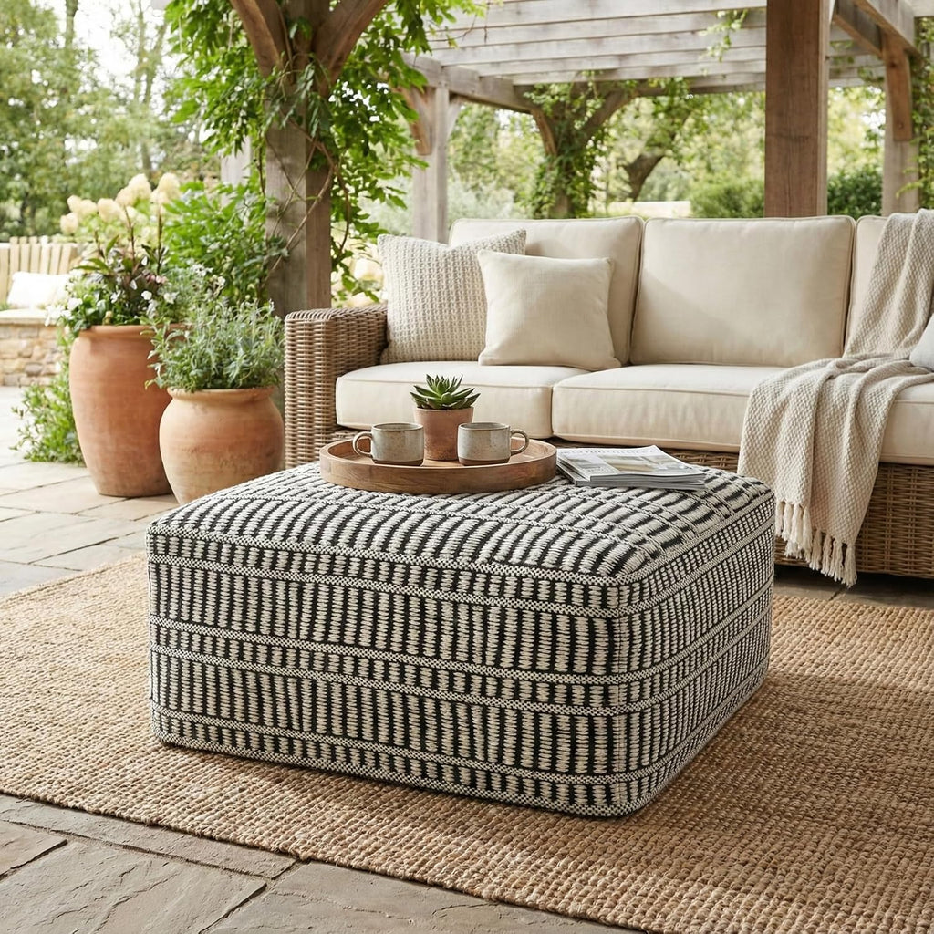 SIMPLIHOME Safford Square Pouf - 20 inch Wide Upholstered PET Polyester Ottoman in Cream White and Deep Black, Boho Indoor/Outdoor Footstool or Extra Seating for Living Room or Patio, Assembled