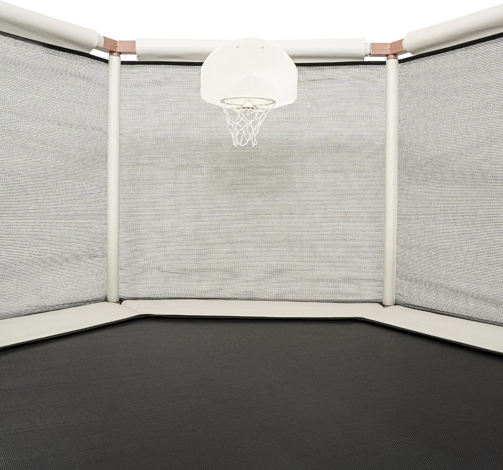 Kids Trampoline, Aesthetic Indoor and Outdoor Toddler Trampoline with Safety Net, Basketball Hoop, 220lb Capacity, Ultra Safe No-Gap Design, Gifts for Boys & Girls