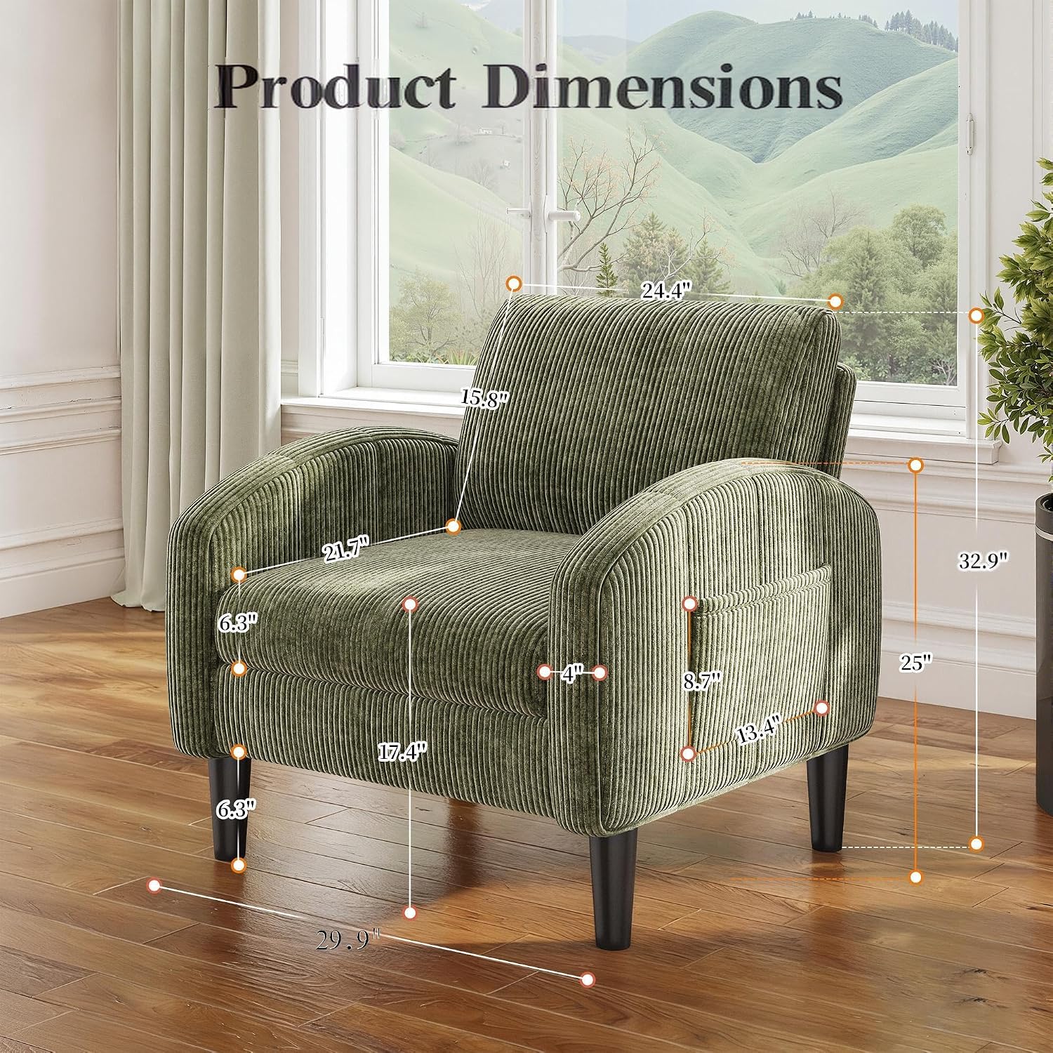 Homkdom Accent Chair for Living Room Chairs Green Reading Chair for Bedroom Mid Century Modern Arm Chair Upholstered Comfy Chair for Apartment, Waiting Room