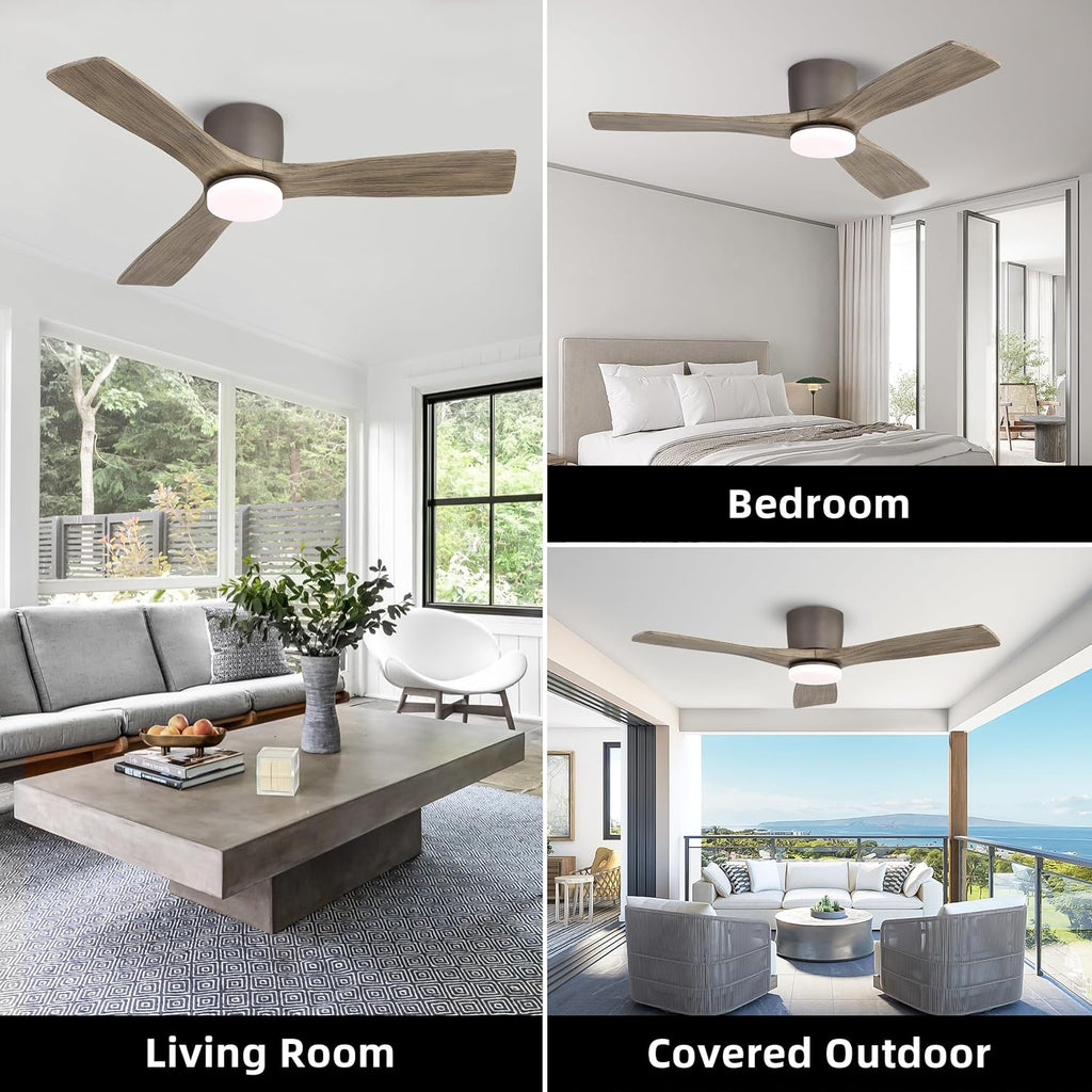 WINGBO 48 Inch Flush Mount DC Ceiling Fan, 3CCT Dimmable Light, 3 Carved Wood Blades, 6-Speed Noiseless Reversible DC Motor, Hugger Low Profile Fan, Graphite Finish with Gray Blades, ETL Listed