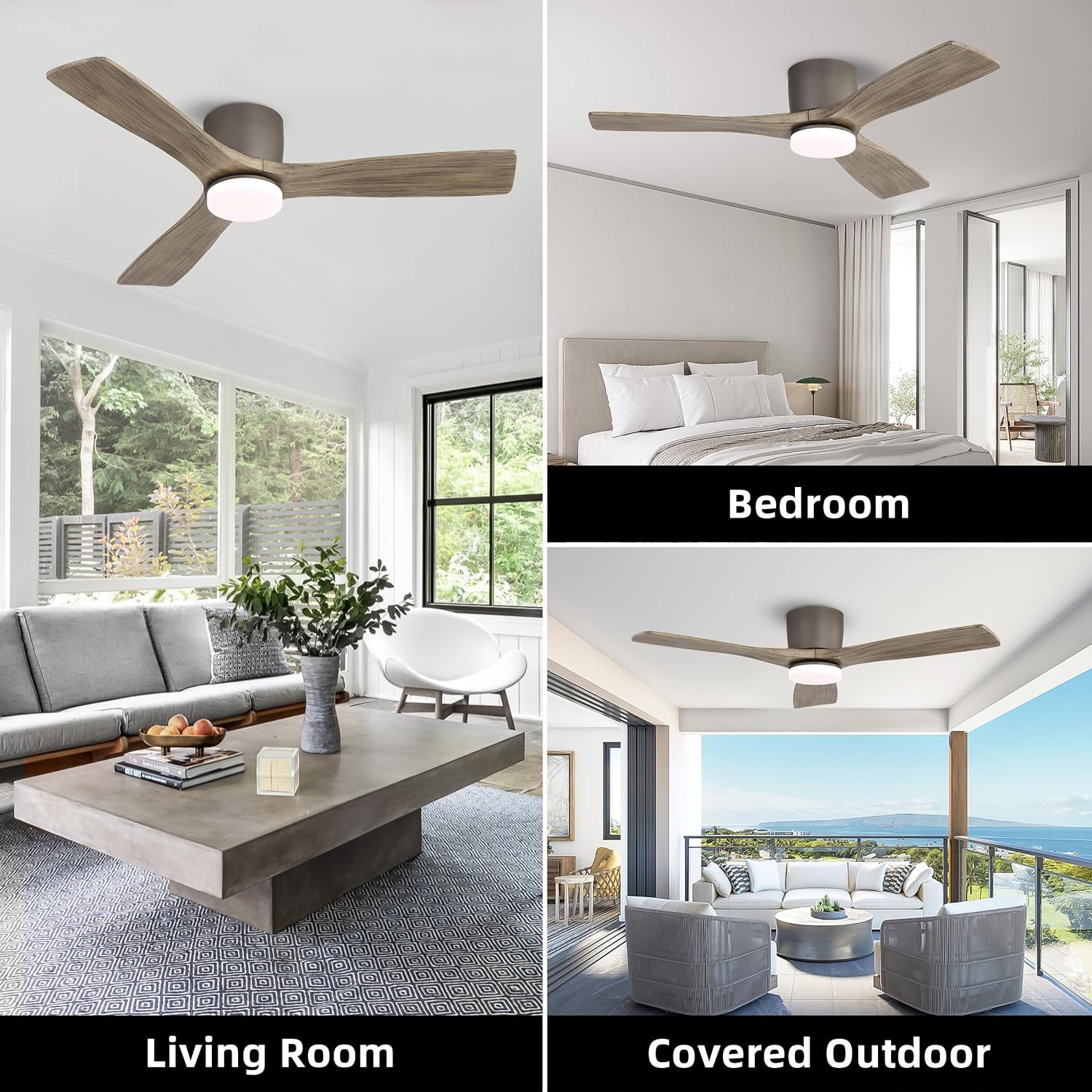 WINGBO 48 Inch Flush Mount DC Ceiling Fan, 3CCT Dimmable Light, 3 Carved Wood Blades, 6-Speed Noiseless Reversible DC Motor, Hugger Low Profile Fan, Graphite Finish with Gray Blades, ETL Listed
