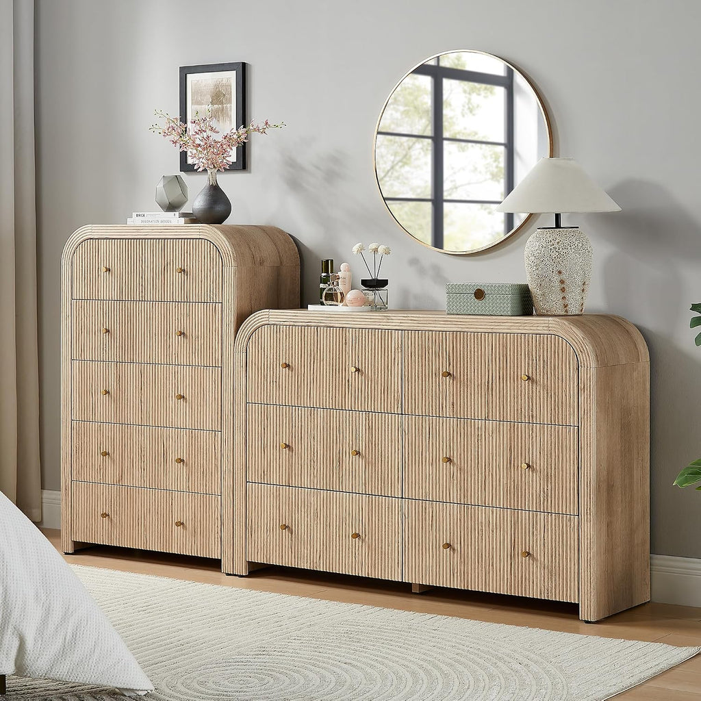 T4TREAM Fluted 5 Drawers Dresser, 48' Tall Modern Chest of Drawers with Thickened Curved Profile Design, Wood Closet Clothes Storage Organizer for Bedroom, Living Room, Hallway, Natural Oak