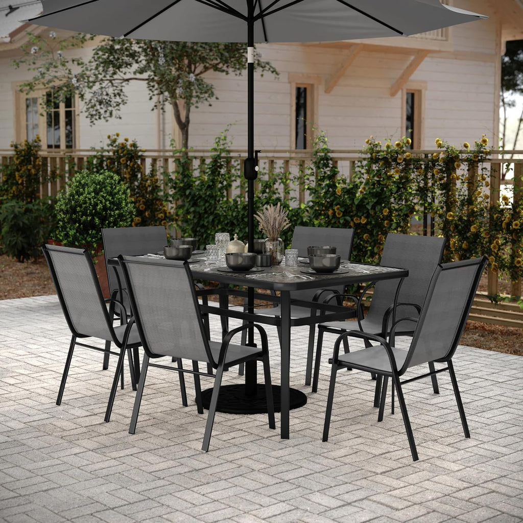 Flash Furniture Brazos Commercial Outdoor Dining Set, 60' Tempered Glass Patio Table with Umbrella Hole, 6 Stack Chairs with Flex Comfort Seats and Backs, Gray/Black