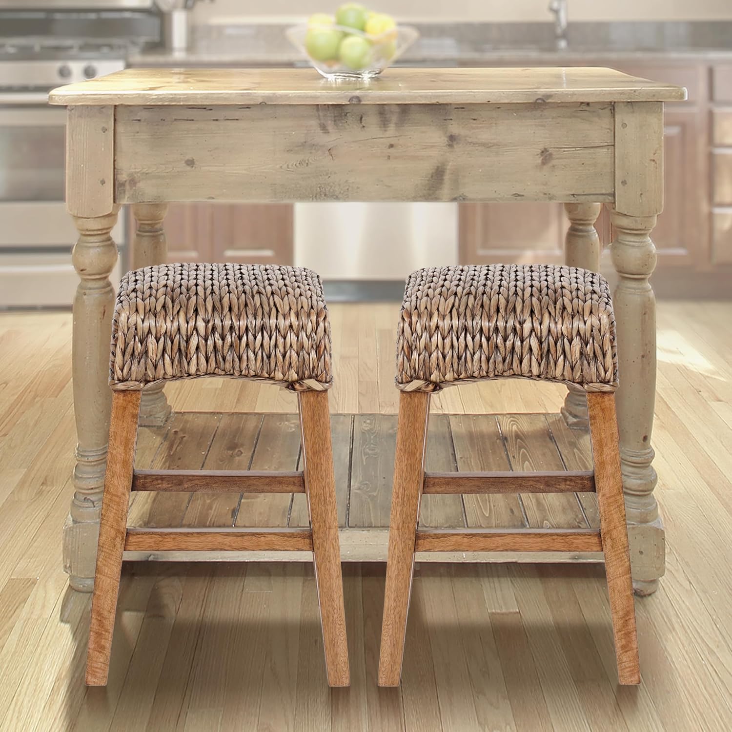 JONATHAN Y Maui Coastal Woven Water Hyacinth Counter Stool, Mango Wood Frame, 26' Backless Counter Stool for Kitchen Island with Integrated Footrest, Fully Assembled, Coastal, Brown Wash CSL1101A