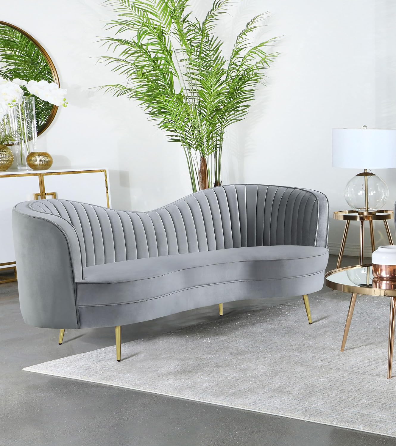 Coaster Home Furnishings - Sophia - Wood & Velvet - Upholstered Channel Tufted Loveseat with Inverted Camel Back, and Golden Tapered Legs - Living Room - Gray - 506865