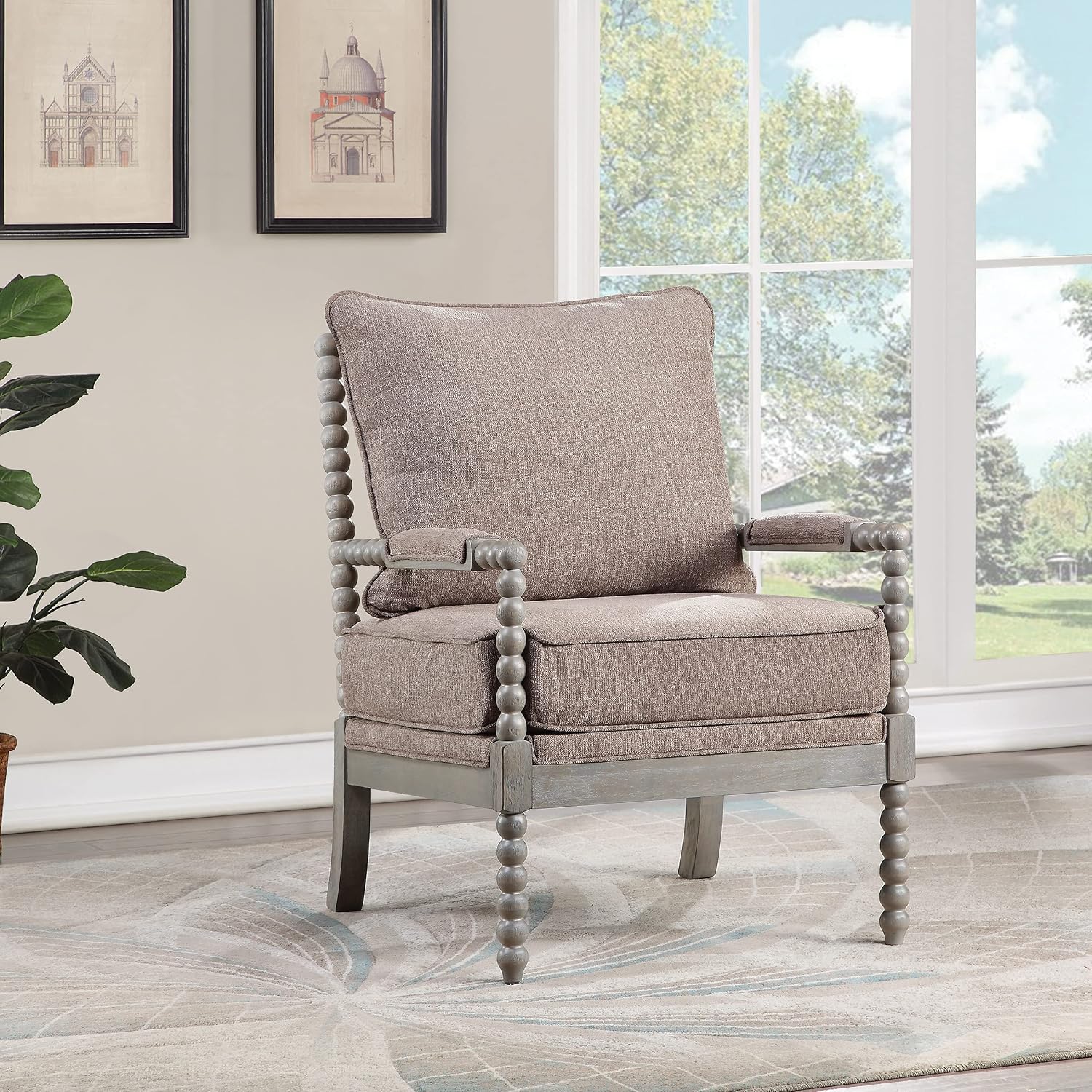 OSP Home Furnishings Abbott Spindle Accent Chair with Padded Spring Seat and Brushed Grey Base, Dolphin Beige Fabric