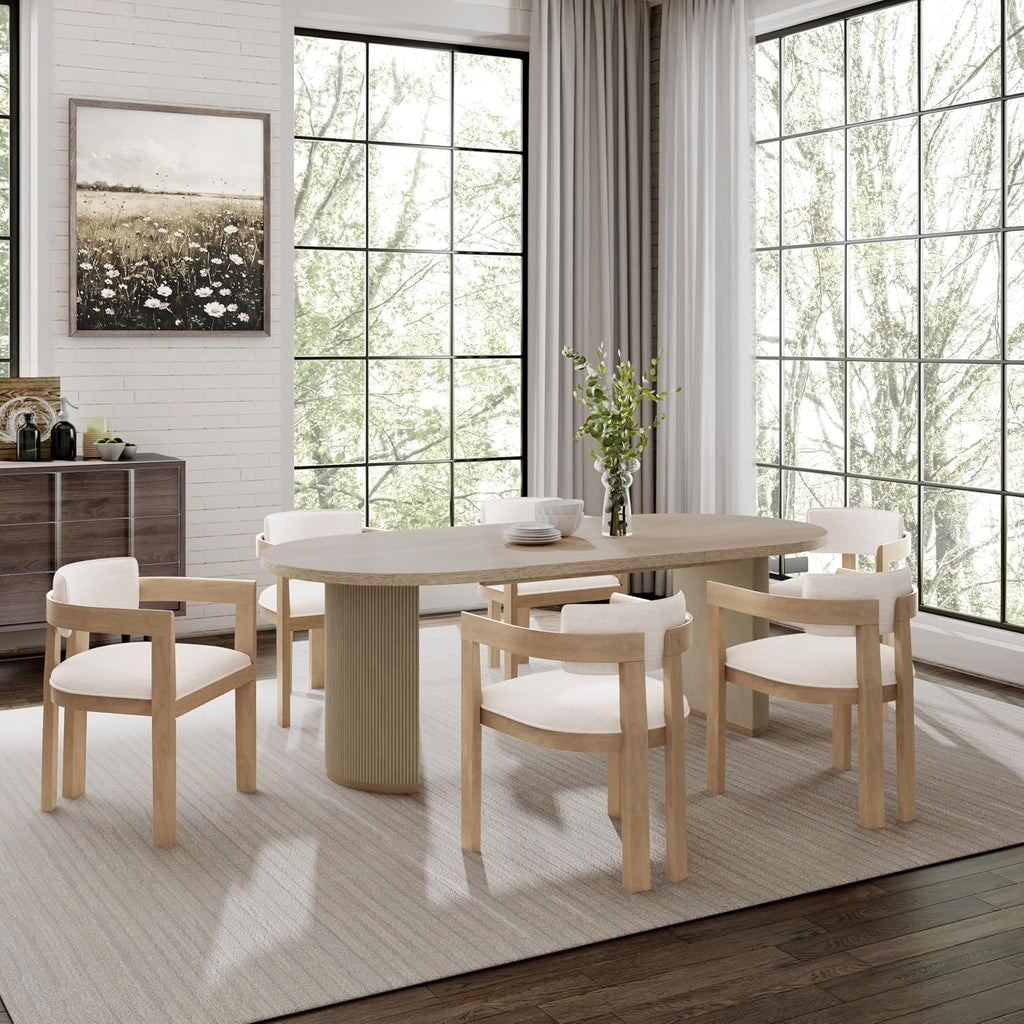 Christopher Knight Home Ebany 7 Piece Wooden Dining Set for 6, Dining Table and Chairs Set, Oval Kitchen Table for 6, Curved Back Armchairs, Restaurant Furniture Set with 6 Armchairs, Beige+Light Ash