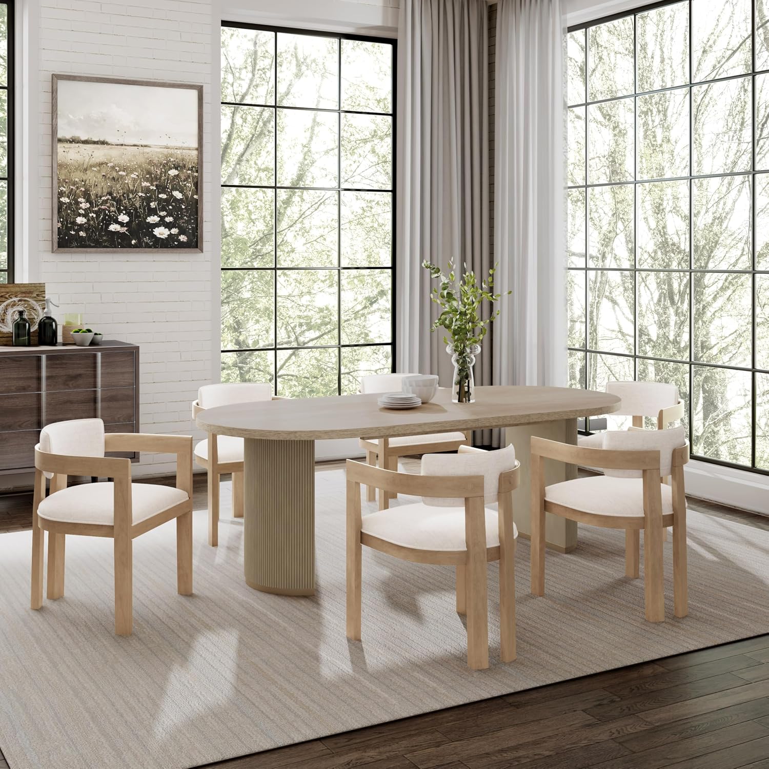 Christopher Knight Home Ebany 7 Piece Wooden Dining Set for 6, Dining Table and Chairs Set, Oval Kitchen Table for 6, Curved Back Armchairs, Restaurant Furniture Set with 6 Armchairs, Beige+Light Ash
