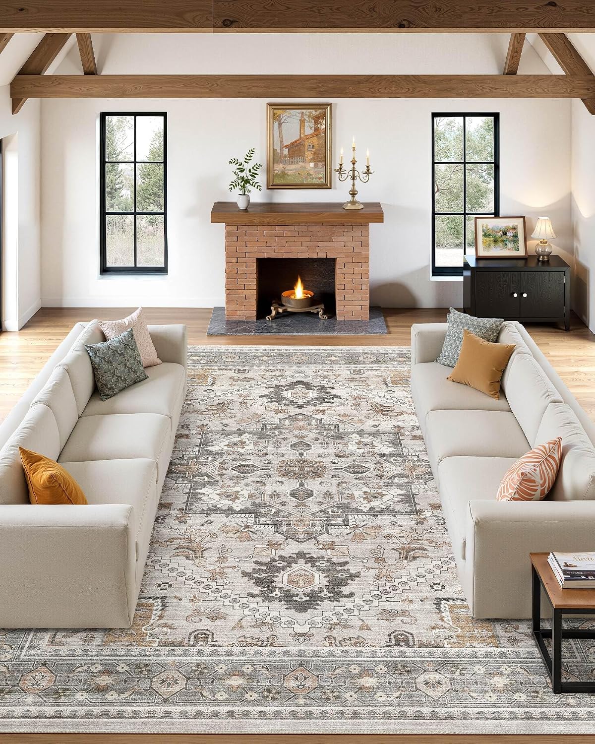 10x12 Vintage Area Rug: Washable Neutral Soft Non Slip Thin Large Floor Carpet for Living Room Bedroom Kitchen Dining Room Home Office Farmhouse Indoor - Taupe