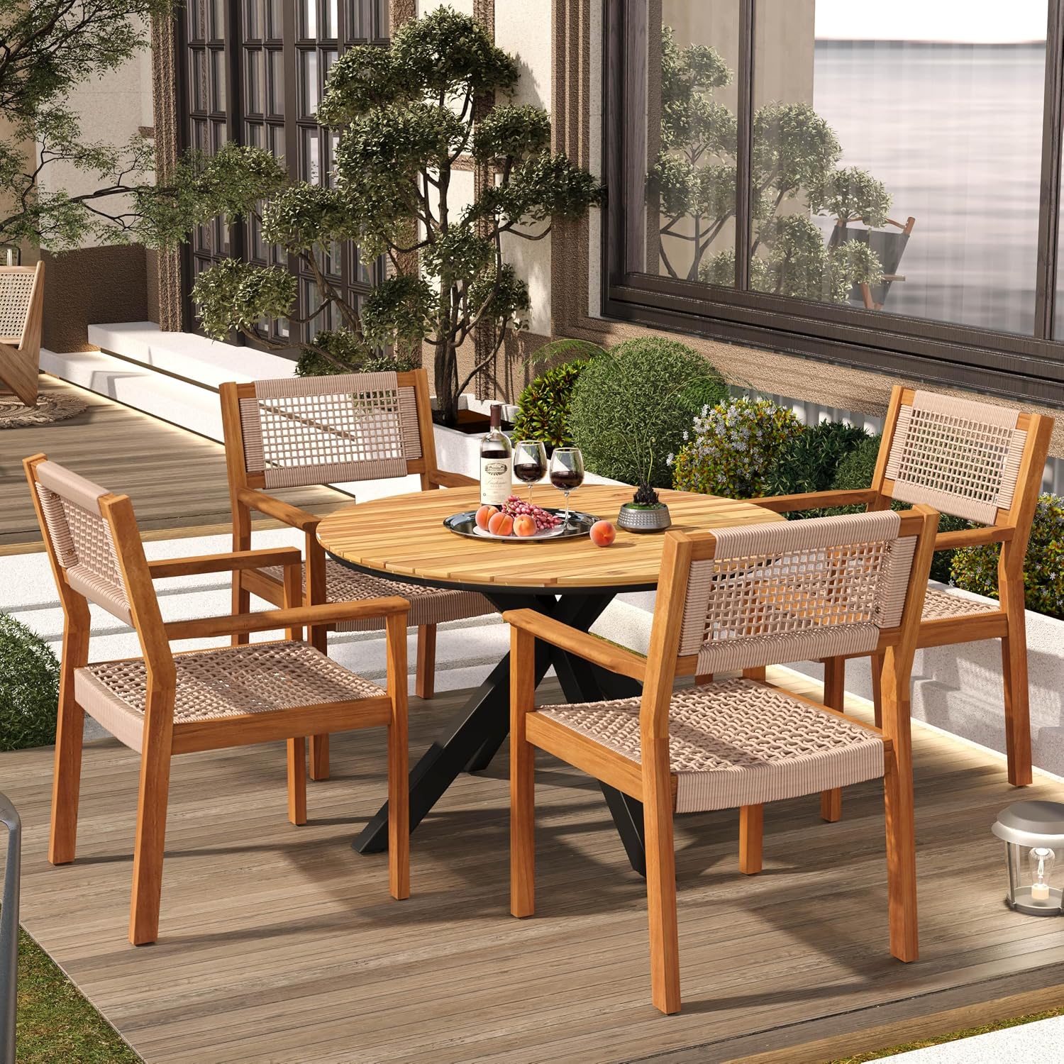 Christopher Knight Home Rlyn 5 Pieces Patio Dining Set, Rope Acacia Wood Dining Chair, Woven Armchairs, Round Wood Table for 4, Outdoor Table and Chair for Garden, Backyard, Poolside, Light Brown+Teak