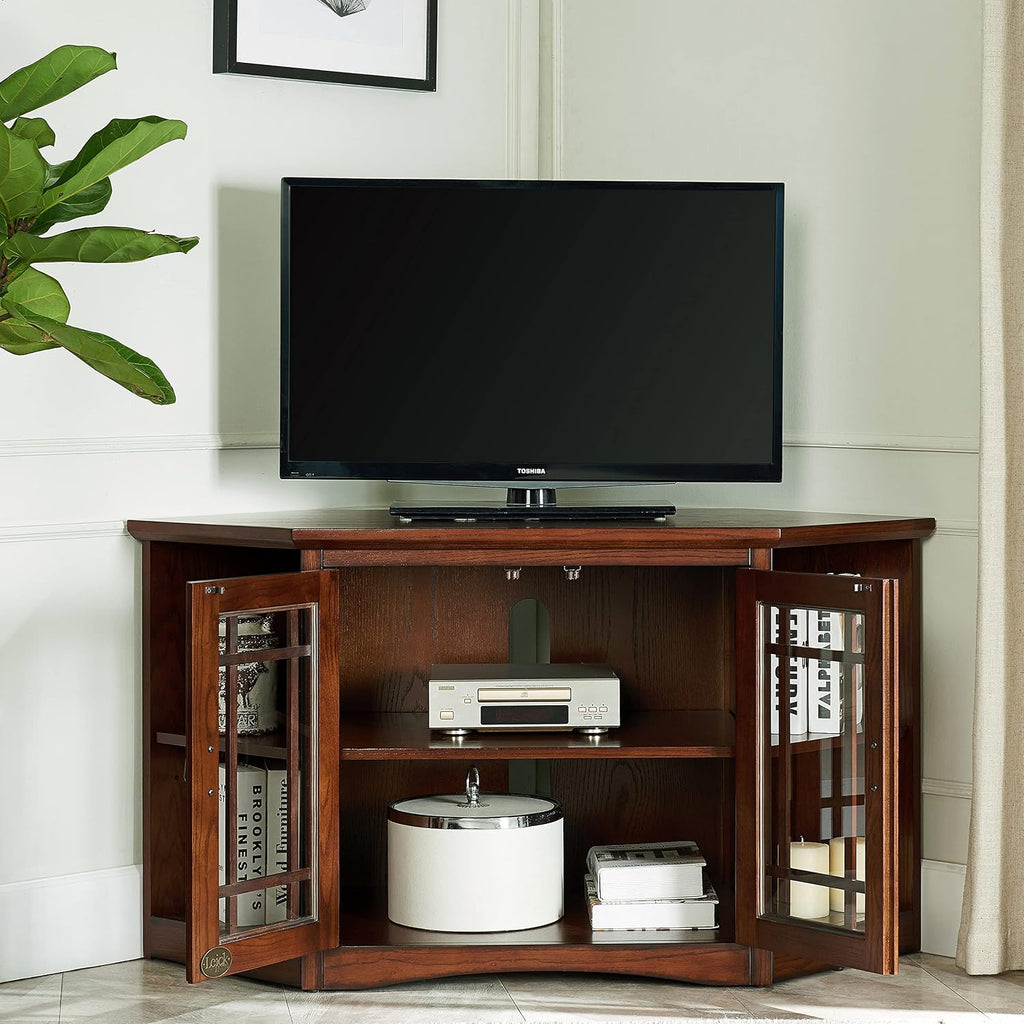 Leick Home 82287 Solid Wood Mission Oak Two Door Corner TV Stand For 50' TVs Living Room Storage Shelves Entertainment Center, Mission Oak TV Console