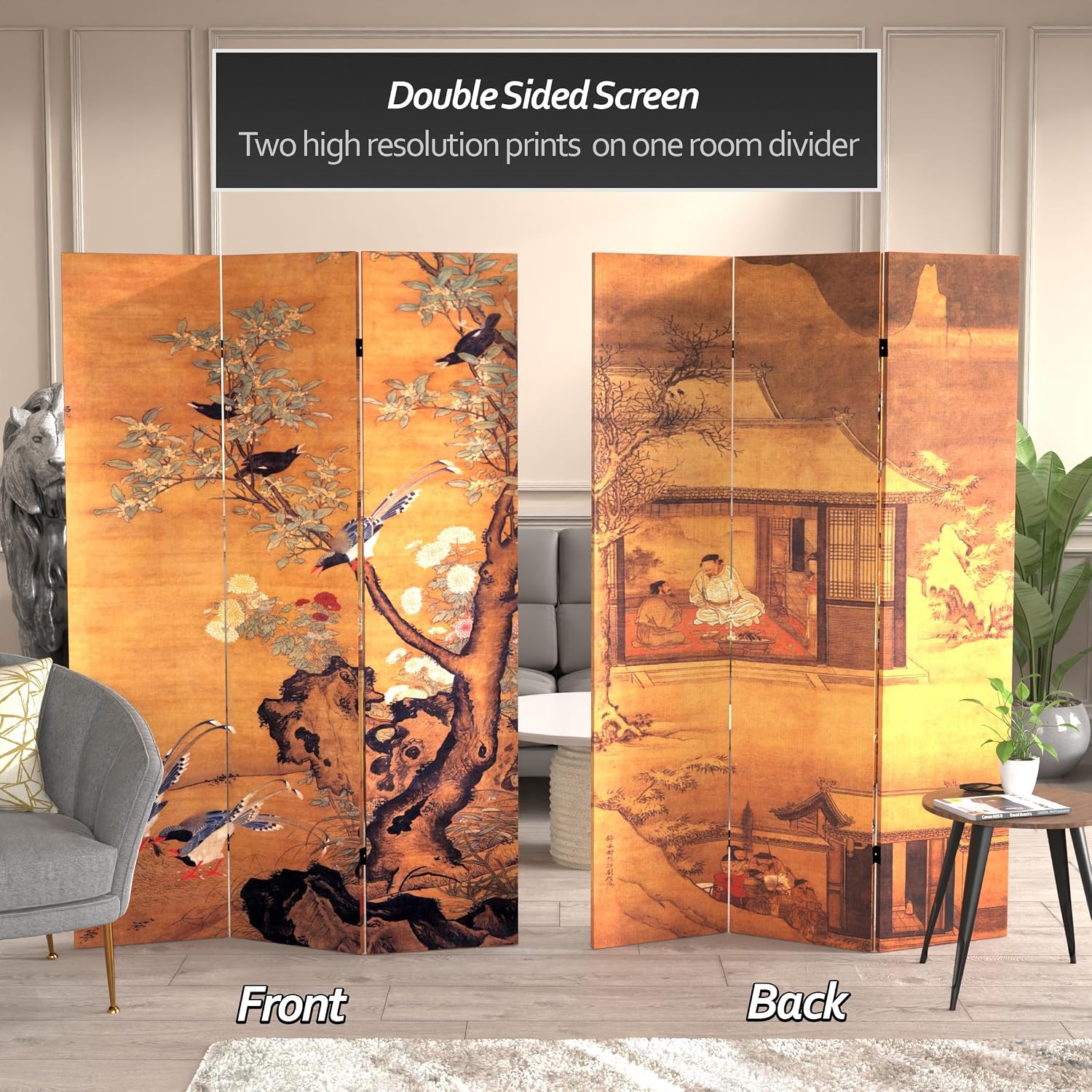 Oriental Furniture 6 ft. Tall Double Sided Chinese Landscapes Canvas Room Divider,Brown