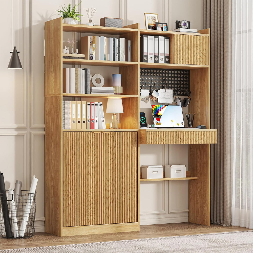 kepptory 63' Tall Computer Desk with Hutch, Fluted Wood Home Office Desk with Charging Station, Drawer & Storage Cabinet, Oak Workstation for Work & Study