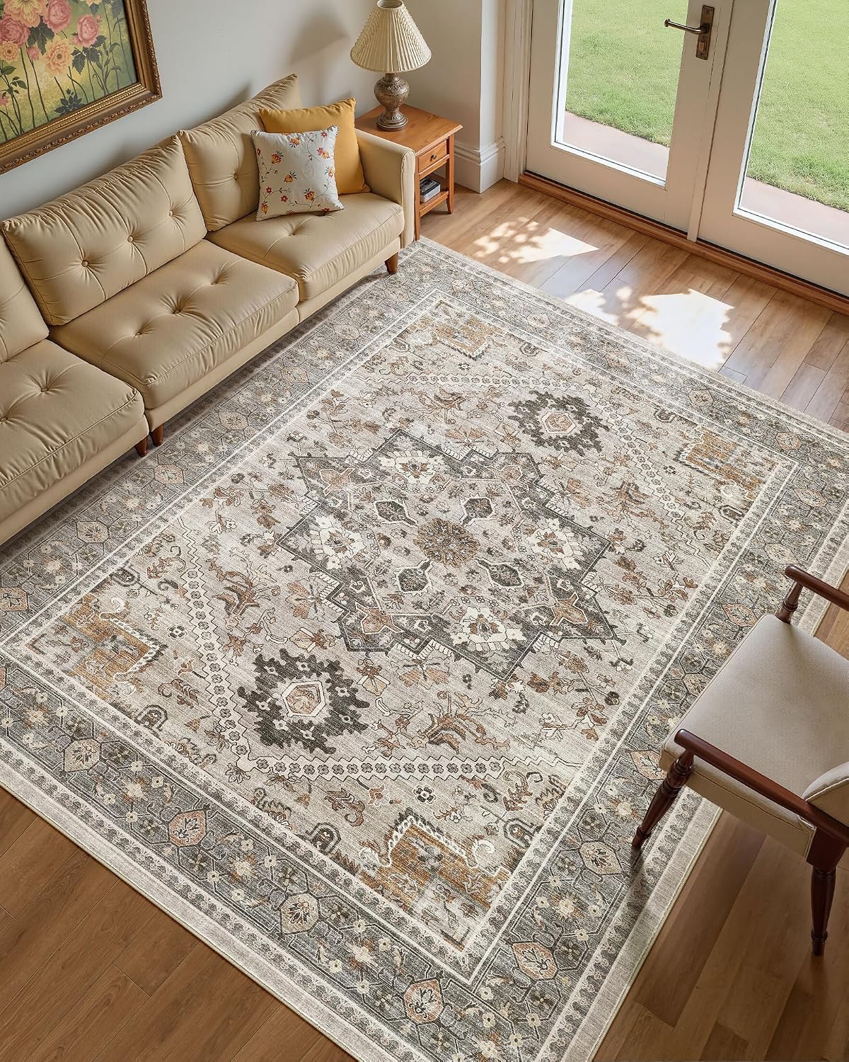 10x12 Vintage Area Rug: Washable Neutral Soft Non Slip Thin Large Floor Carpet for Living Room Bedroom Kitchen Dining Room Home Office Farmhouse Indoor - Taupe