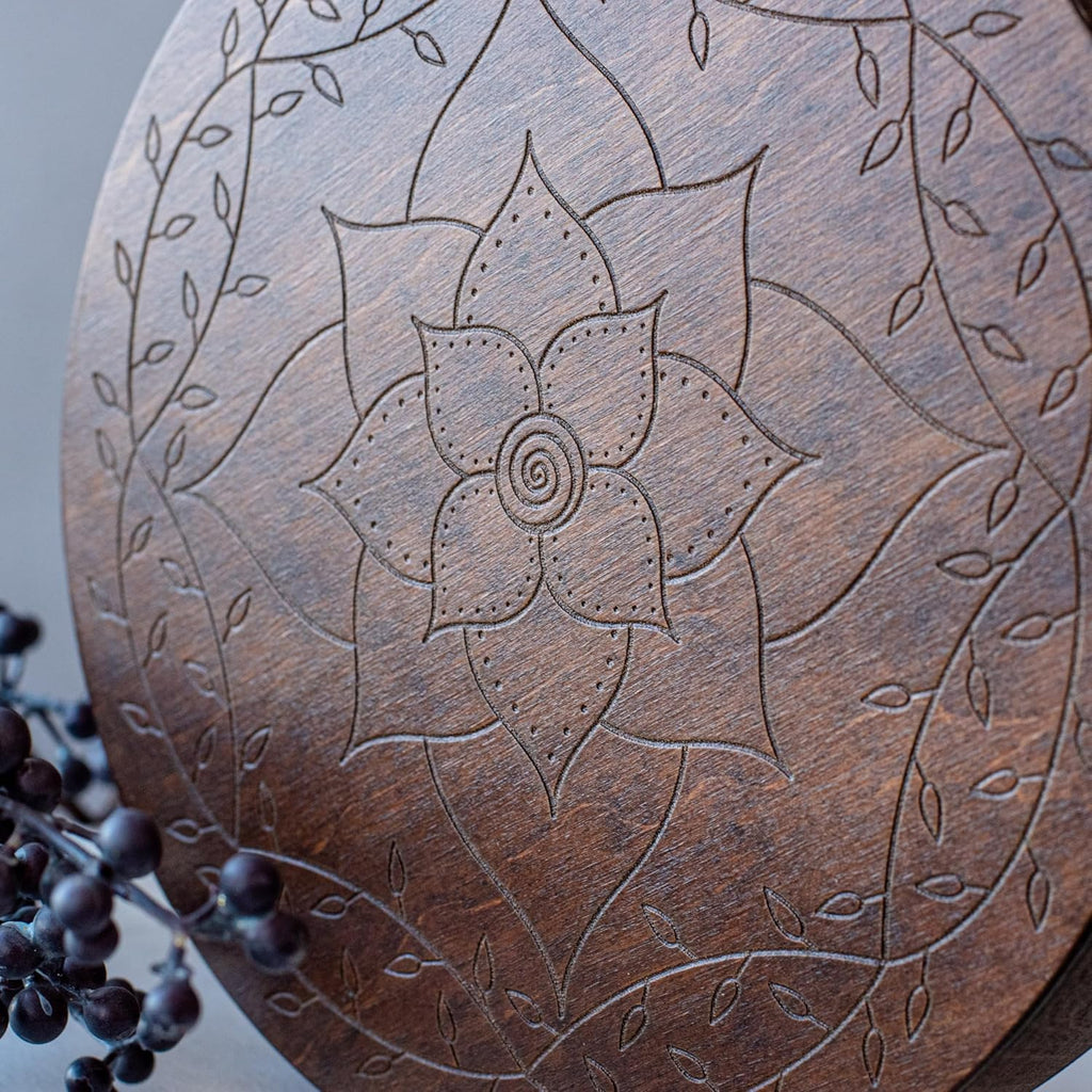 Rain-Fall Disc, 8.6 Inch (22 cm) Wooden Ocean Drum, Gentle Rain Sound for Sound Bath, Meditation & Sound Healing, Leaves & Lotus Design