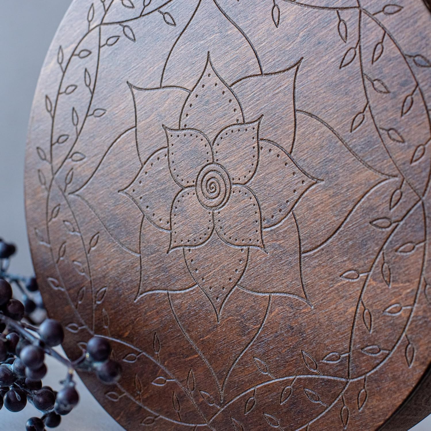 Rain-Fall Disc, 8.6 Inch (22 cm) Wooden Ocean Drum, Gentle Rain Sound for Sound Bath, Meditation & Sound Healing, Leaves & Lotus Design