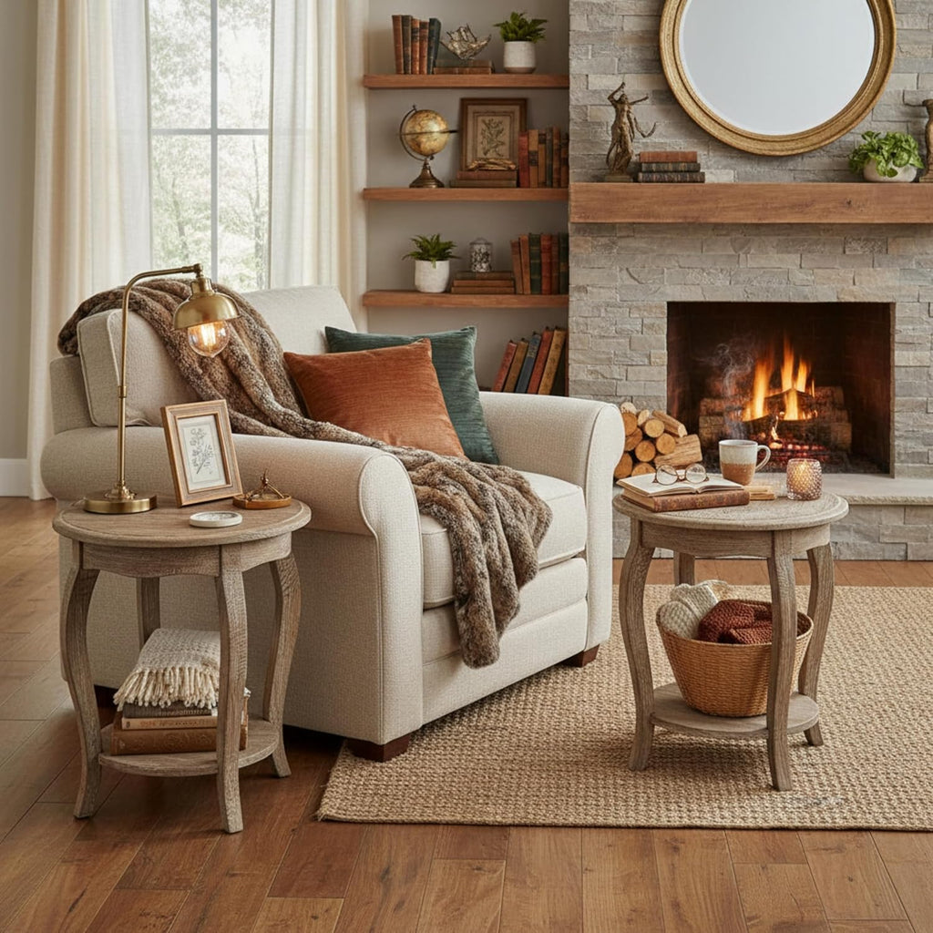 Alaterre Furniture Austerity Living Room Tables – 20-Inch Round Cedar Wood End Table with Curved Legs, Scalloped Edges and Lower Shelf – Rustic Antique Style Accent Table (Driftwood Finish, Set of 2)