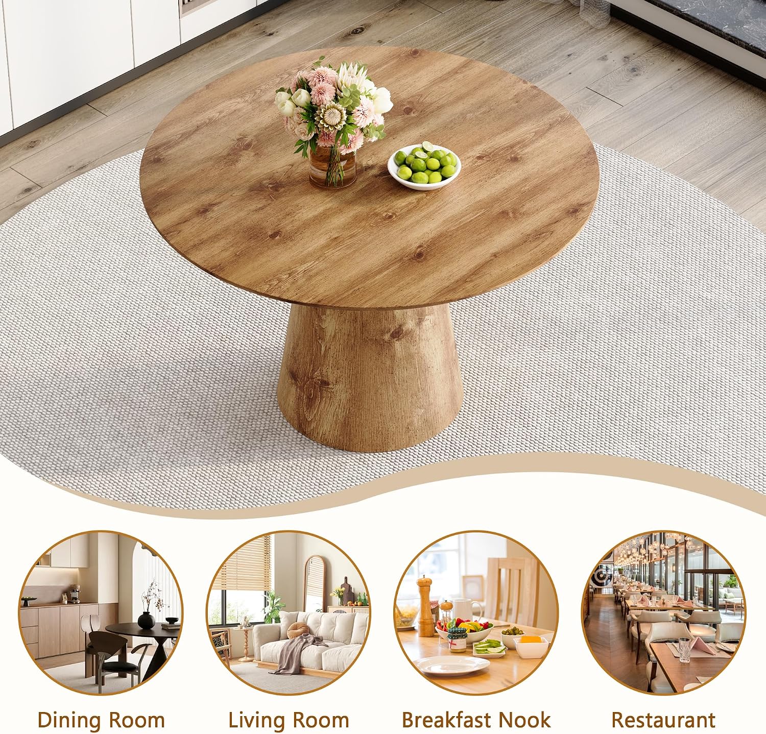 45'' Round Dining Table, Small Round Dining Room Table, One-Piece Tabletop and Stable Pedestal Base, Mid Century Modern Wood Dinner Table for Kitchen Dining Room, Apartment