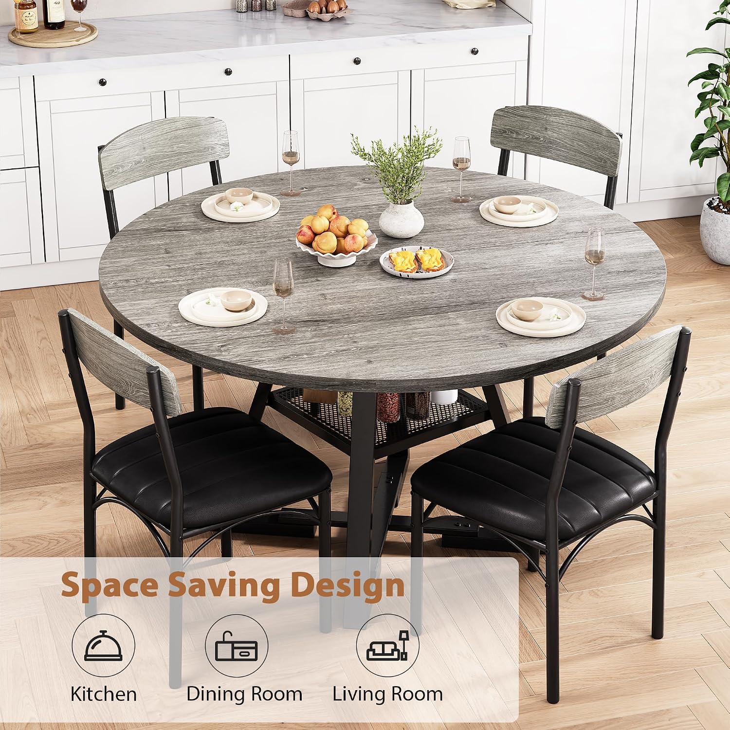 Round Dining Table Set for 4, Kitchen Table and Chairs for 4, Circle Table Round Pedestal Dining Room Dinner Dinette Table Set,5 Piece Space Saving Wood Kitchen & Dining Room Tables (Grey, 42In)