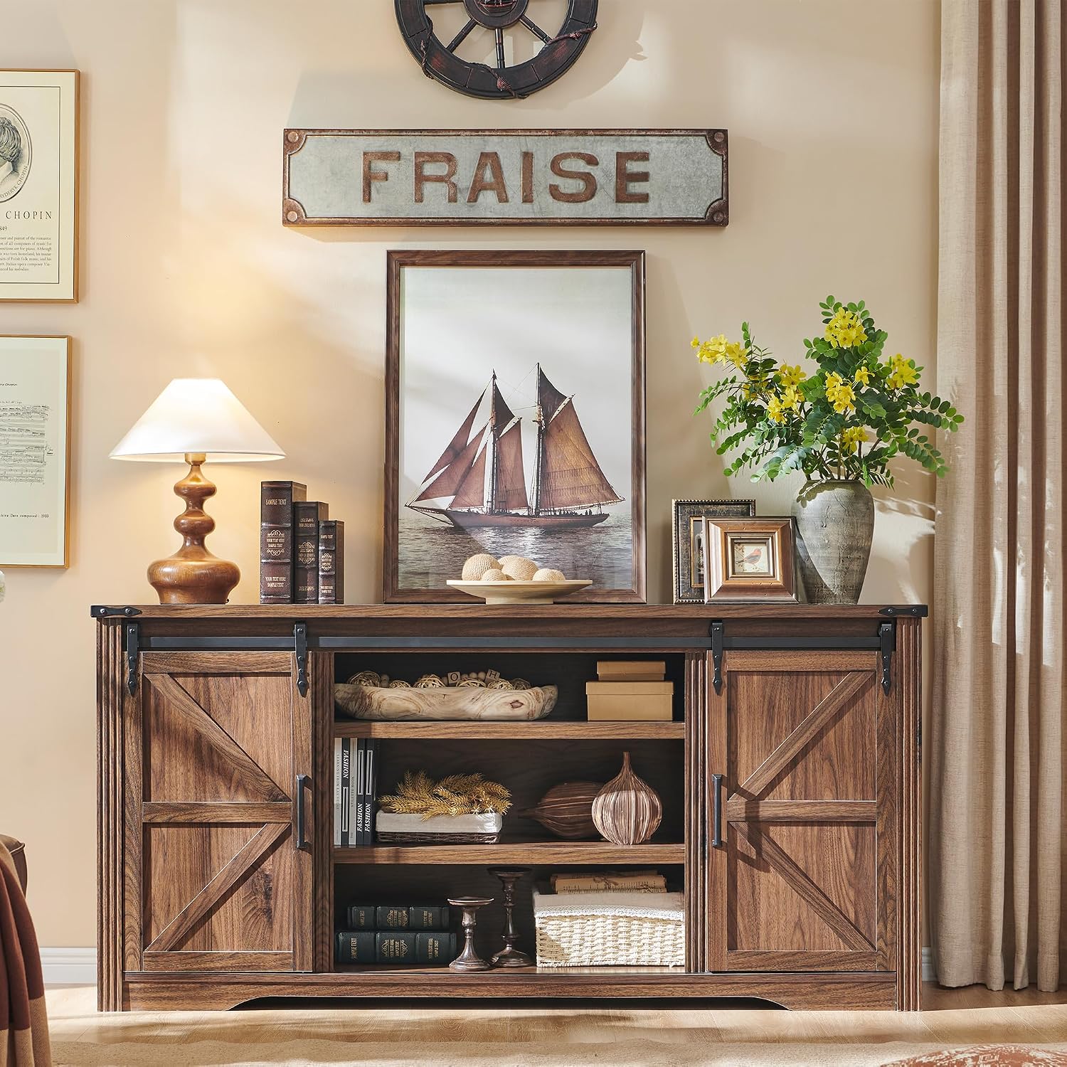 JXQTLINGMU Farmhouse TV Stand for 75+ Inch TV, 32' Tall Entertainment Center w/4 Drawers & Sliding Barn Door, Rustic Media Console w/Storage Shelves, 66' Wood Television Stand for Living Room, Brown