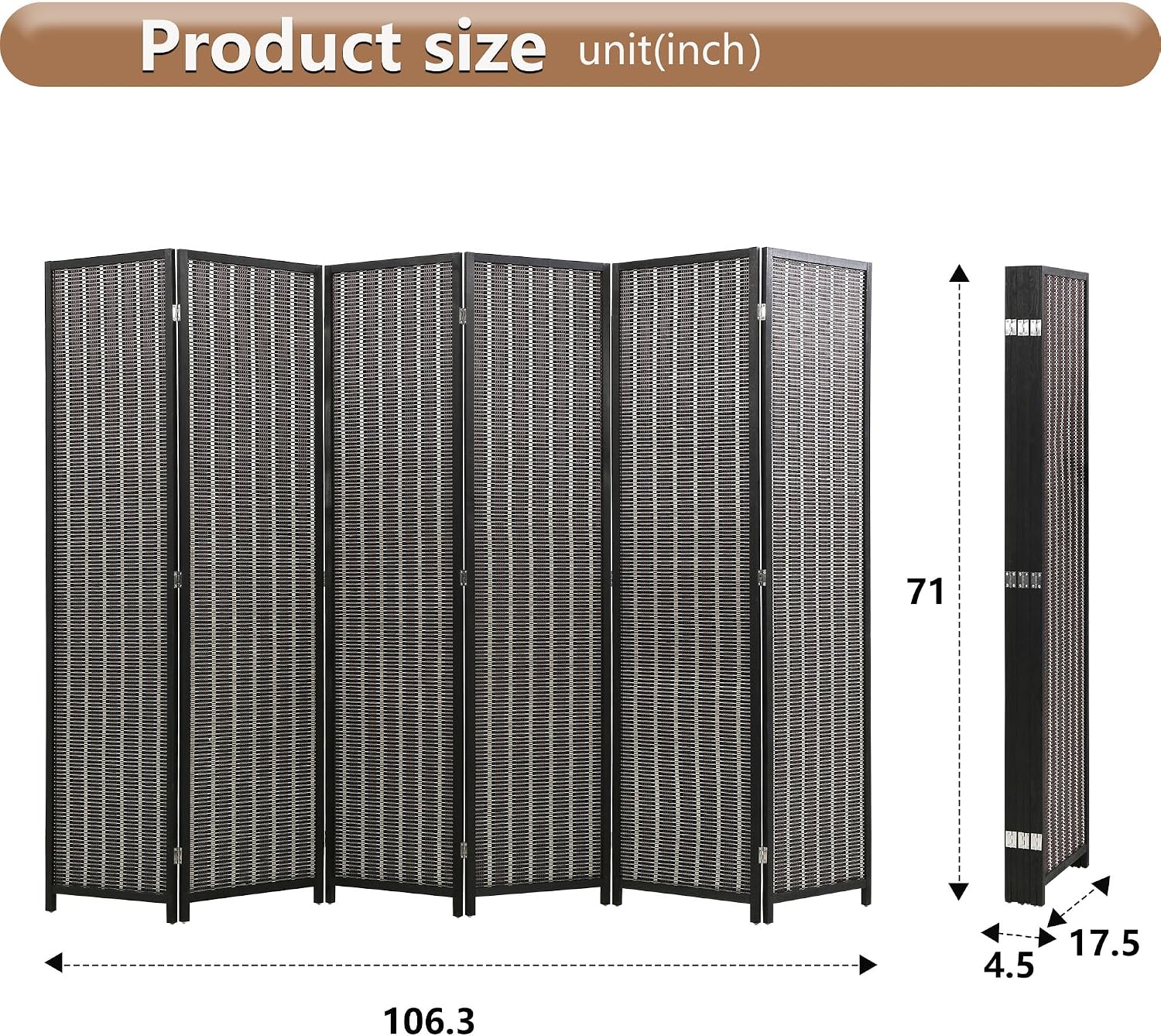 FDW Bamboo Room Divider Folding Privacy Screen 6 Panel 70 Inches High 17 Inches Wide Room Divider for Bedroom Office Study,Coal Black