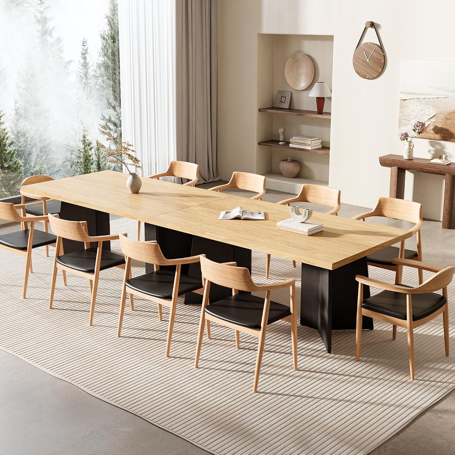 GarveeHome Dining Table for 6-8 People - 63' Modern Long Kitchen Table with Large Tabletop & Heavy Duty Pedestal Legs, Dinner Table for Kitchen, Conference Room, Home, Natural & Black