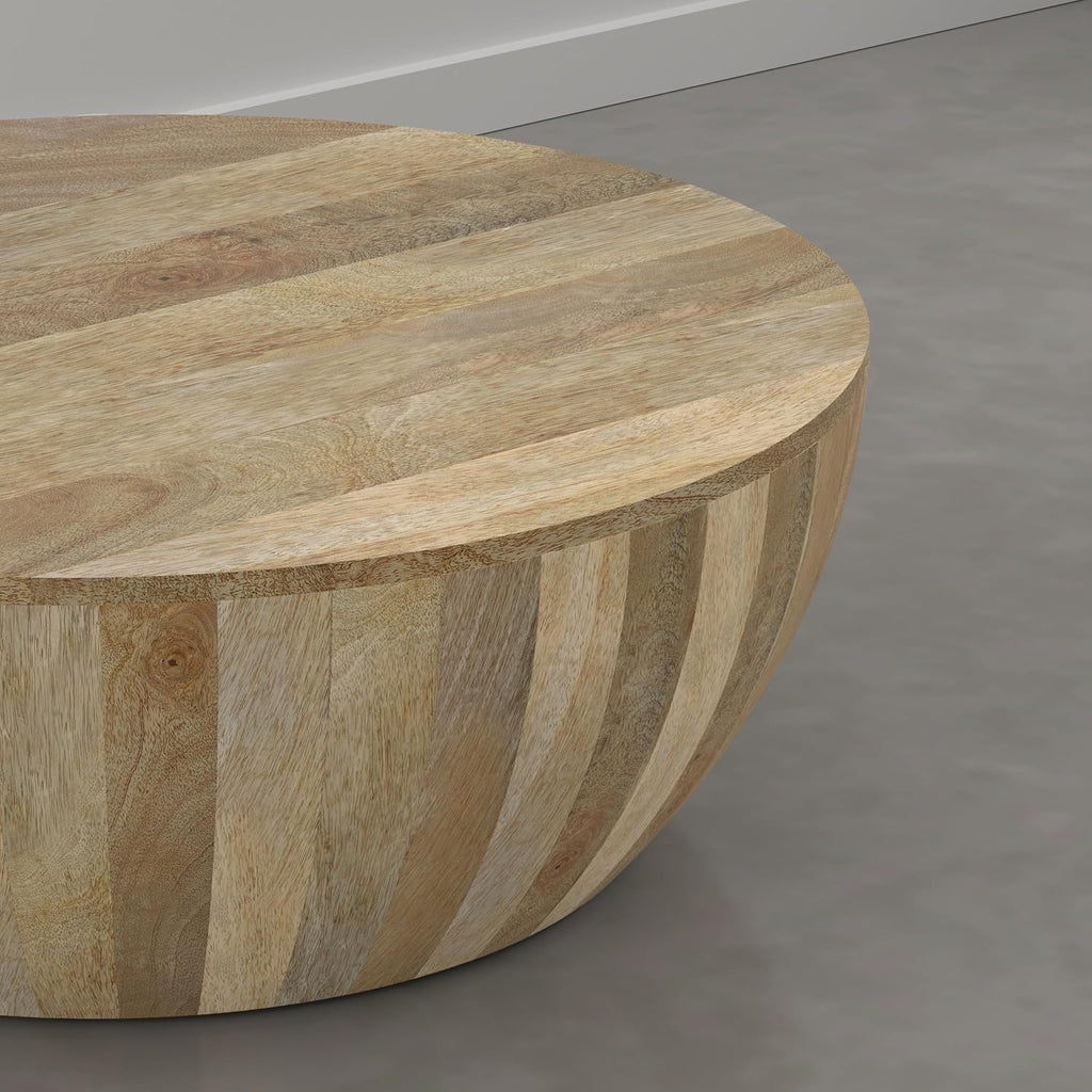 SIMPLIHOME Elmbrook Coffee Table - 34 inch Wide Solid Mango Wood Modern Industrial Round Drum Cocktail Table in Natural Blonde, Sculptural Living Room Table with Low Profile Design, Assembled