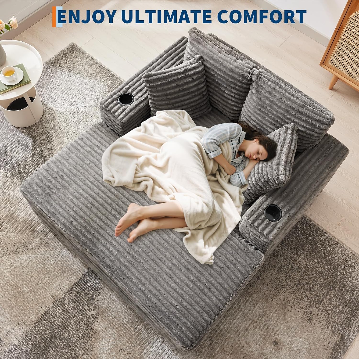 GarveeHome 60-inch Oversized Chaise Lounge Chair Indoor, Comfy Corduroy Lounge Sofa with Charging Station, Cup Holders & Throw Pillows, Cozy Sleeper Couch for Living Room Apartments, Grey