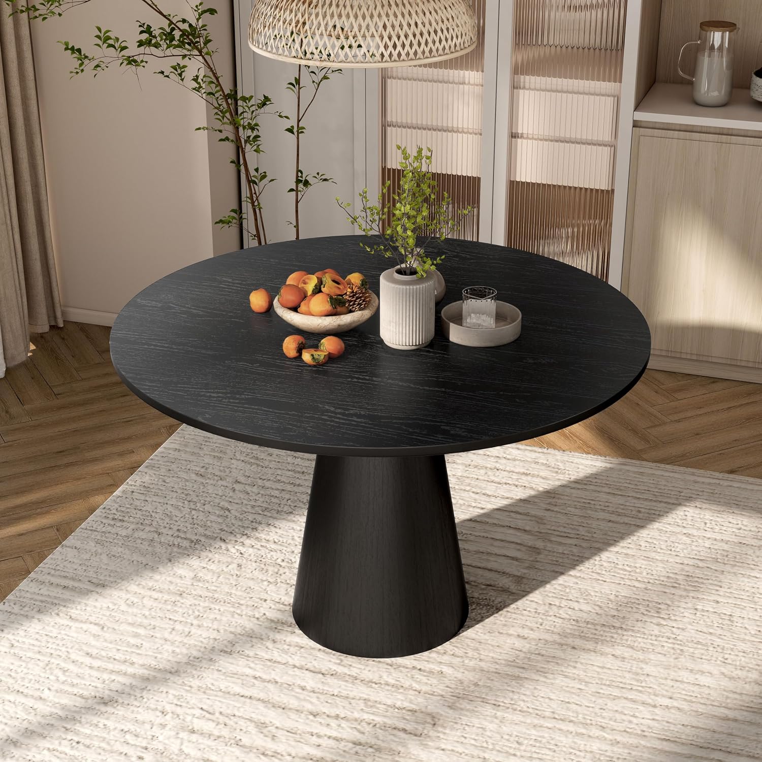 Furniture of America Lestara Modern Solid Wood 48-inch Round Dining Table with Tapered Pedestal Base, Seats up to 4, Easy Assembly, for Home, Kitchen, Living Room, Black