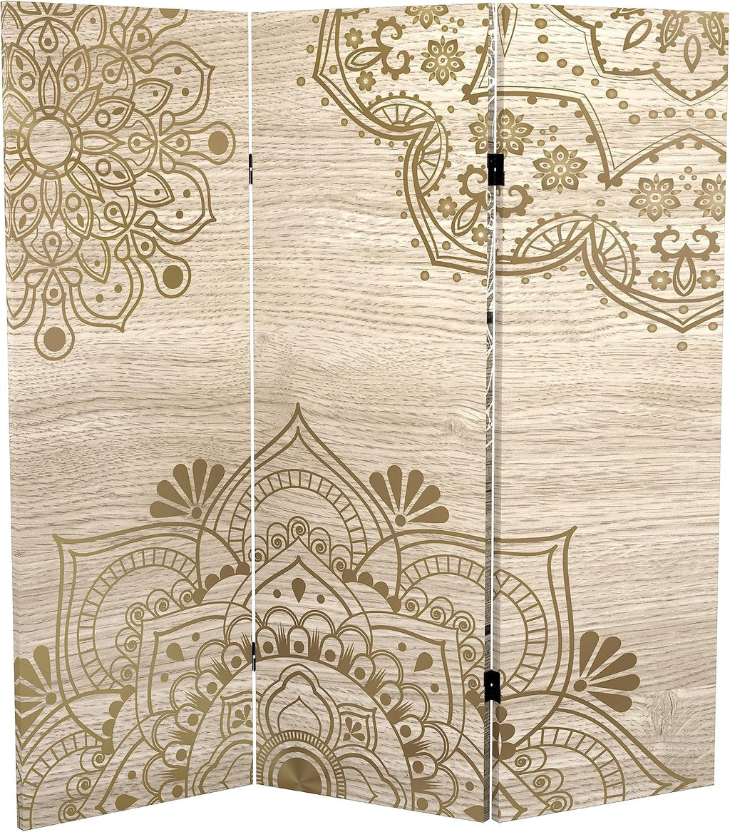 Red Lantern 4 ft. Short Double Sided Mandala on Oak Canvas Folding Screen 3 Panel Freestanding Partition and Separator for Modern and Contemporary Bedroom, Home Office, Studio, Dorm, Apartment