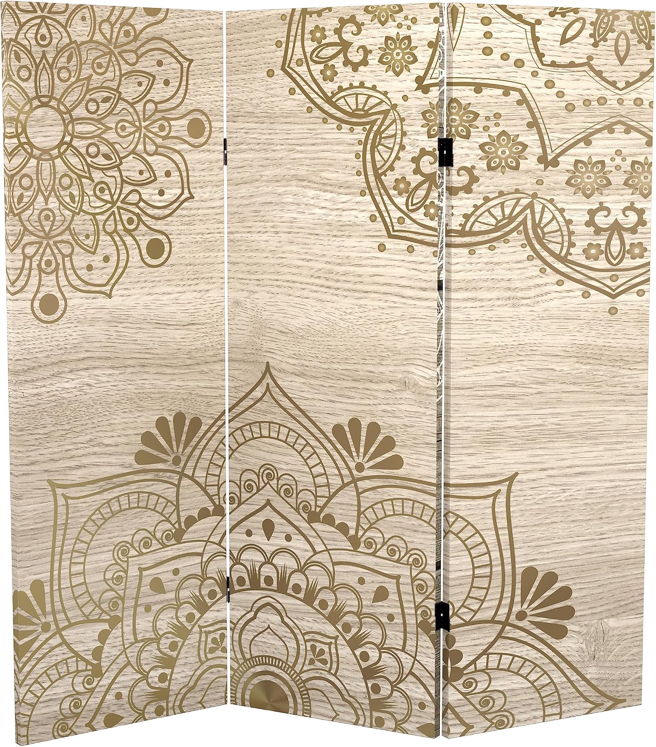 Red Lantern 4 ft. Short Double Sided Mandala on Oak Canvas Folding Screen 3 Panel Freestanding Partition and Separator for Modern and Contemporary Bedroom, Home Office, Studio, Dorm, Apartment