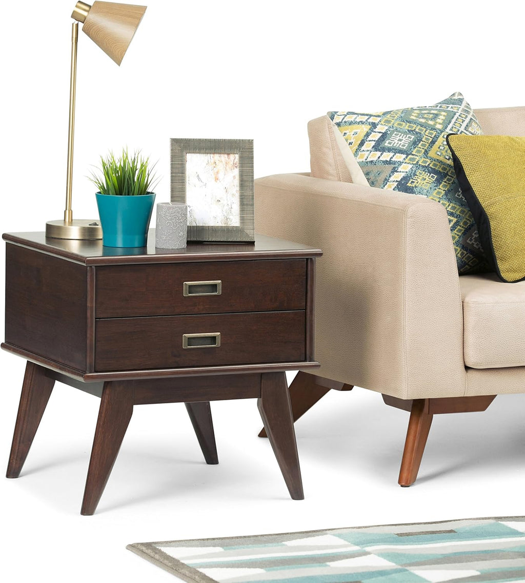 SIMPLIHOME Draper Side Table - 22 inch Wide Solid Hardwood Rectangular End Table with 2 Storage Drawers in Medium Auburn Brown, Mid-Century Modern Nightstand or Lamp Stand for Living Room or Bedroom