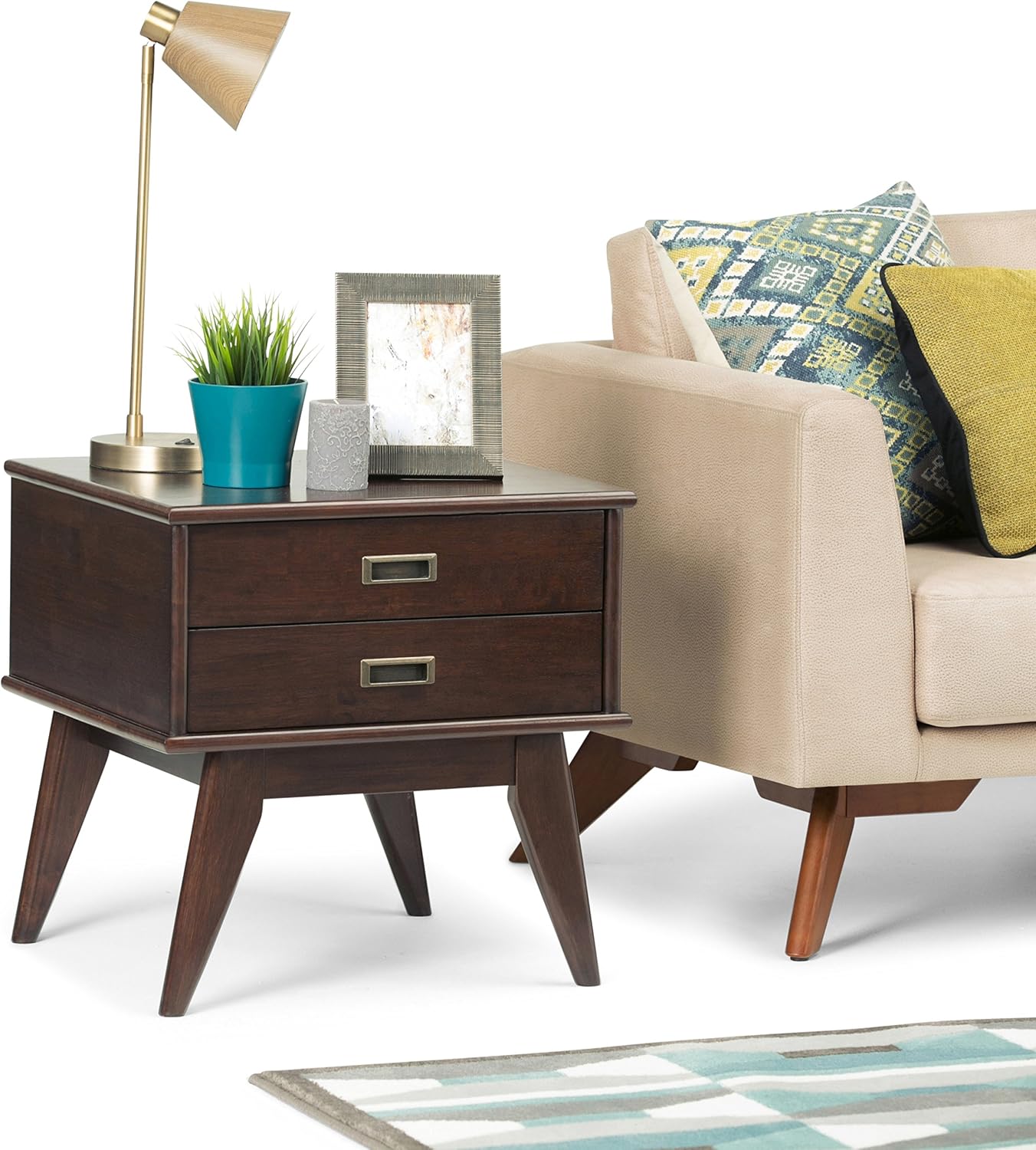 SIMPLIHOME Draper Side Table - 22 inch Wide Solid Hardwood Rectangular End Table with 2 Storage Drawers in Medium Auburn Brown, Mid-Century Modern Nightstand or Lamp Stand for Living Room or Bedroom