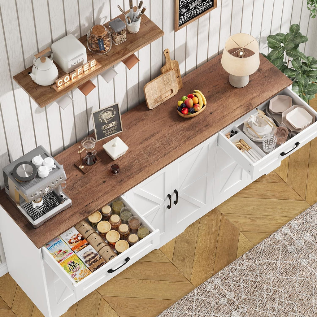 BOTLOG 71' Large Sideboard Buffet Cabinet with Storage, Farmhouse Kitchen Buffet Cabinet with Adjustable Shelves and 6 Barn Doors, Wood Coffee Wine Bar Console Table for Kitchen, Dining Room, White