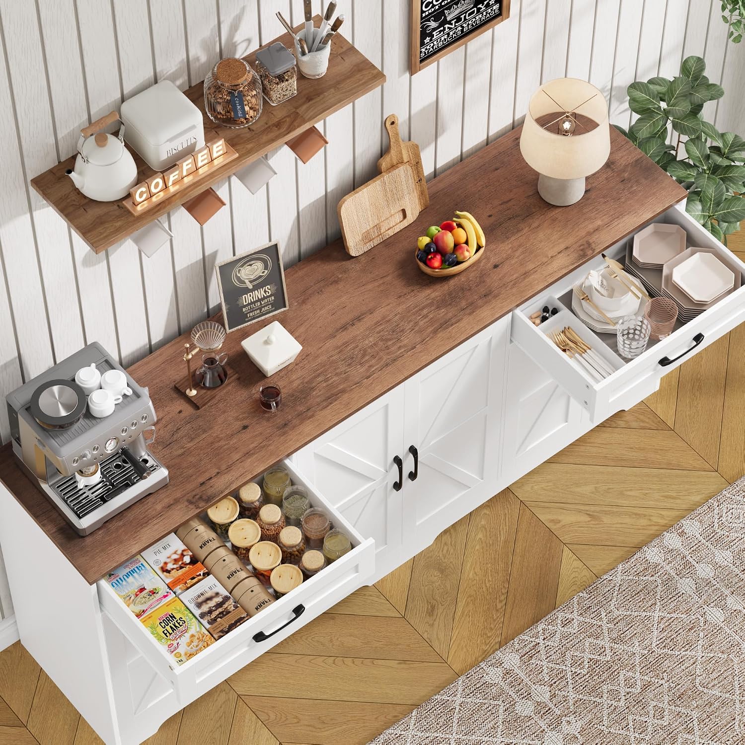 BOTLOG 71' Large Sideboard Buffet Cabinet with Storage, Farmhouse Kitchen Buffet Cabinet with Adjustable Shelves and 6 Barn Doors, Wood Coffee Wine Bar Console Table for Kitchen, Dining Room, White