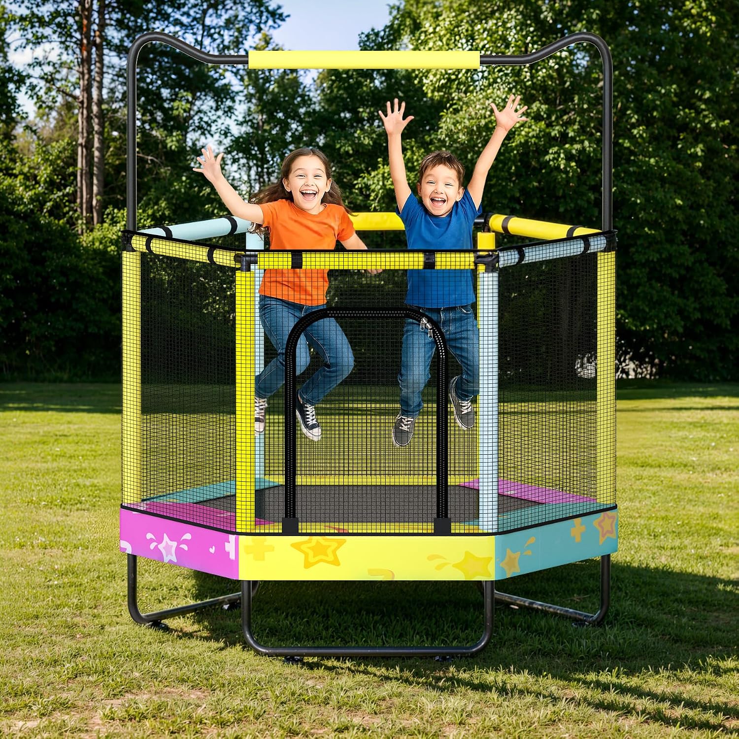 Lamerge Kids Trampoline, Toddler Bouncing Trampoline with Safety Enclosure Net, ASTM-Approved, 500lbs Capacity, Ages 1-8, Adjustable Handrail, 7-in-1, 60'