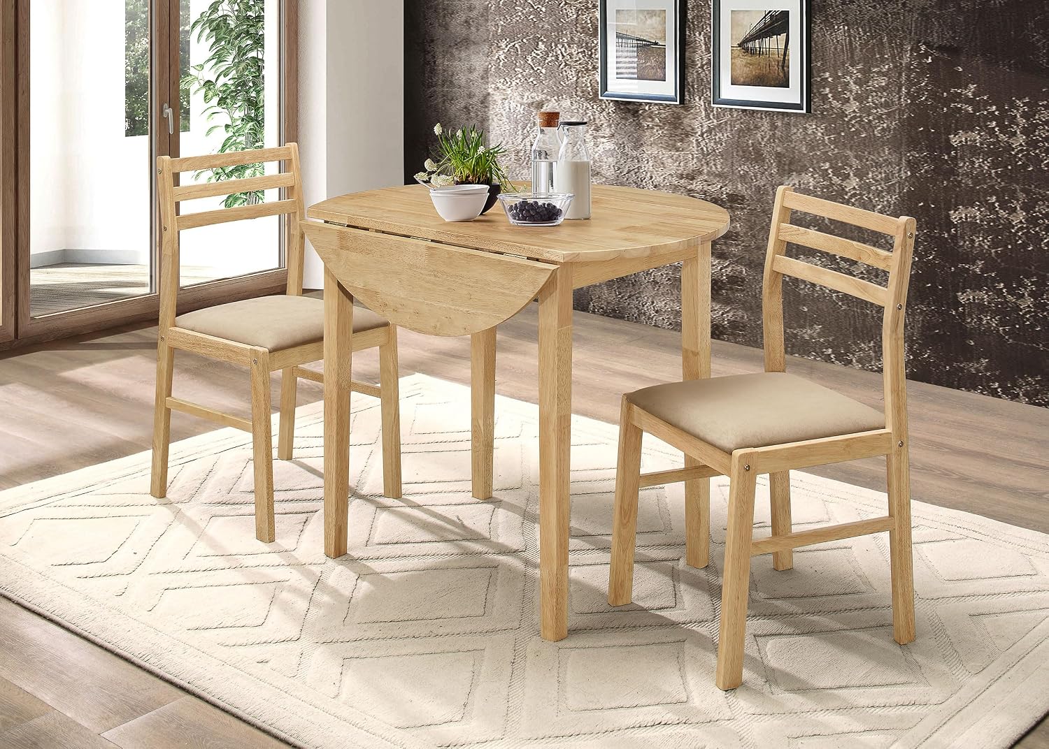 Coaster Home Furnishings 3-Piece Round Wood Dining Room Set Drop Leaf Extension Table Ladder Back Side Chairs Upholstered Seat Cushions Beige and Natural 130006